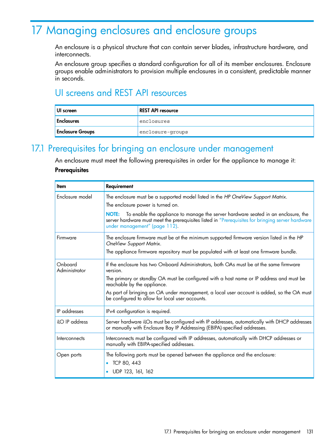 HP OneView manual Managing enclosures and enclosure groups, Prerequisites for bringing an enclosure under management 