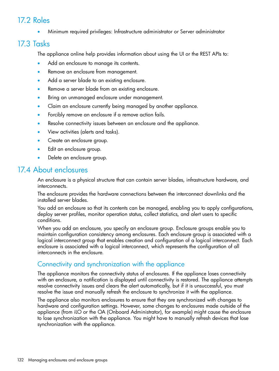 HP OneView manual Tasks, About enclosures, Connectivity and synchronization with the appliance 