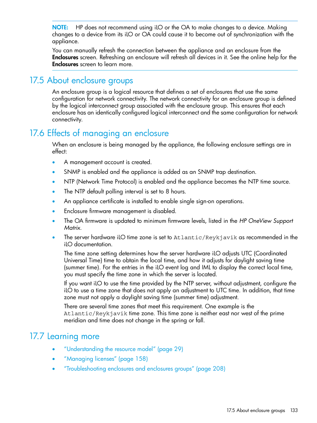 HP OneView manual About enclosure groups, Effects of managing an enclosure 