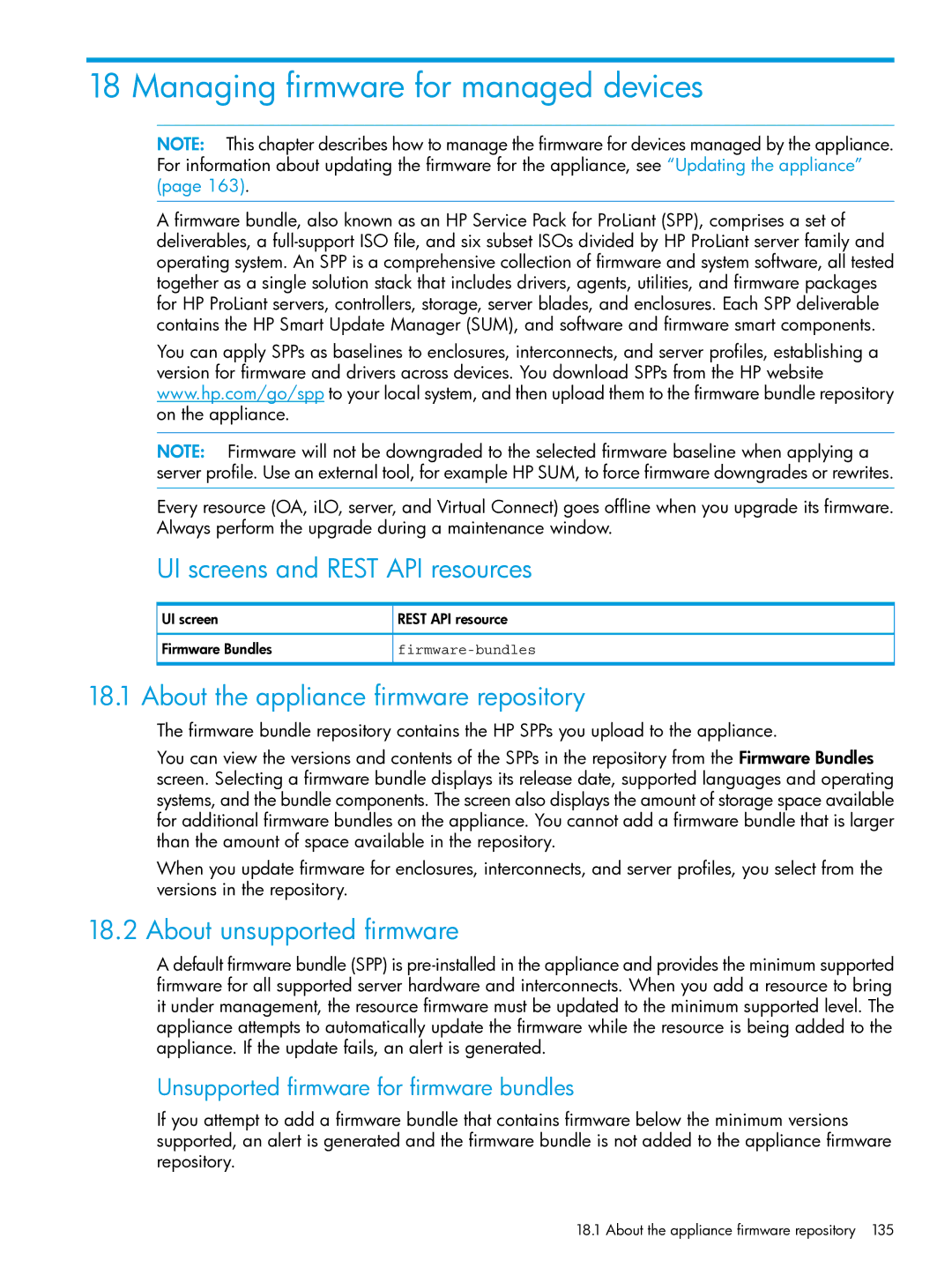 HP OneView Managing firmware for managed devices, About the appliance firmware repository, About unsupported firmware 