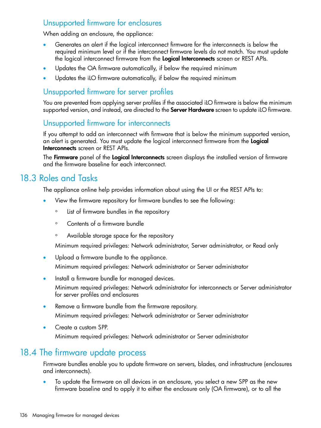 HP OneView manual Roles and Tasks, Firmware update process, Unsupported firmware for enclosures 