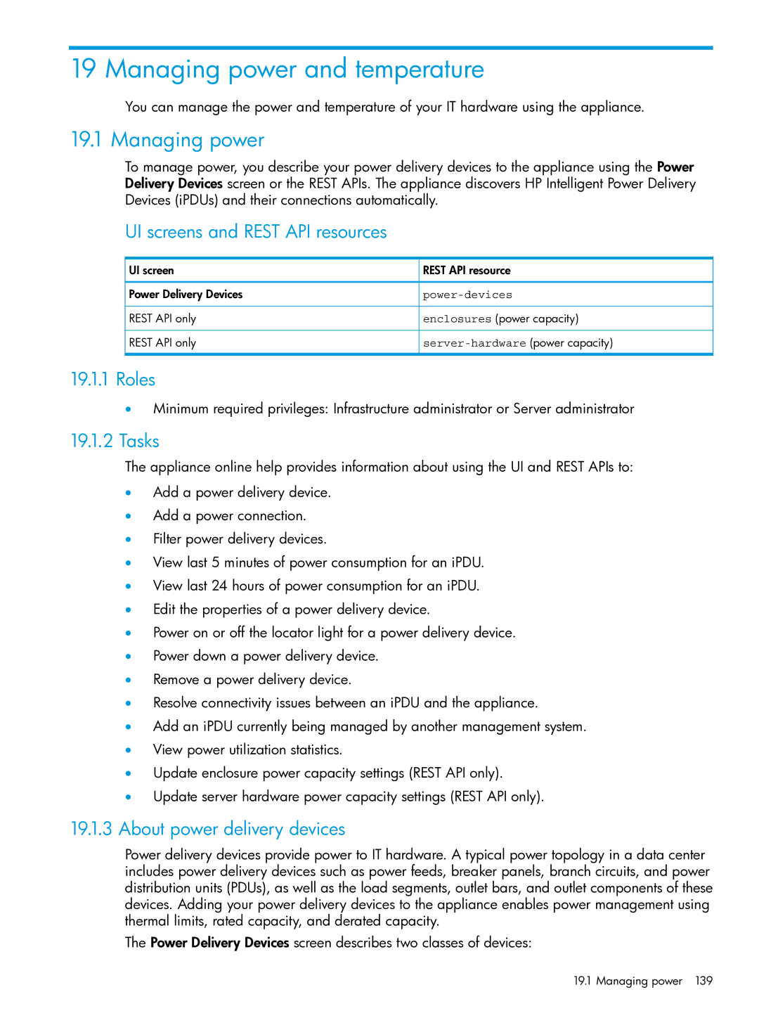 HP OneView manual Managing power and temperature, About power delivery devices 