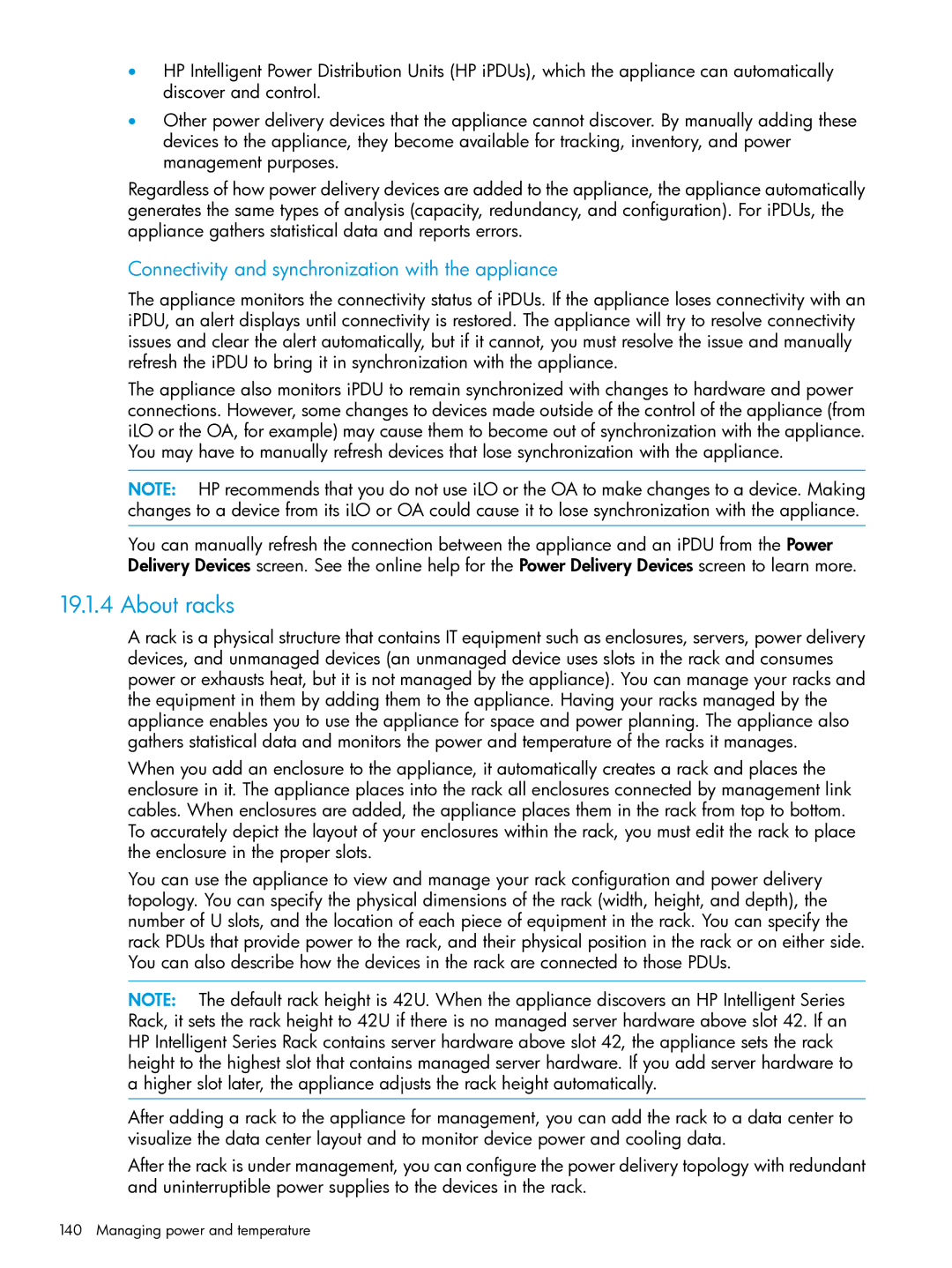 HP OneView manual About racks, Managing power and temperature 