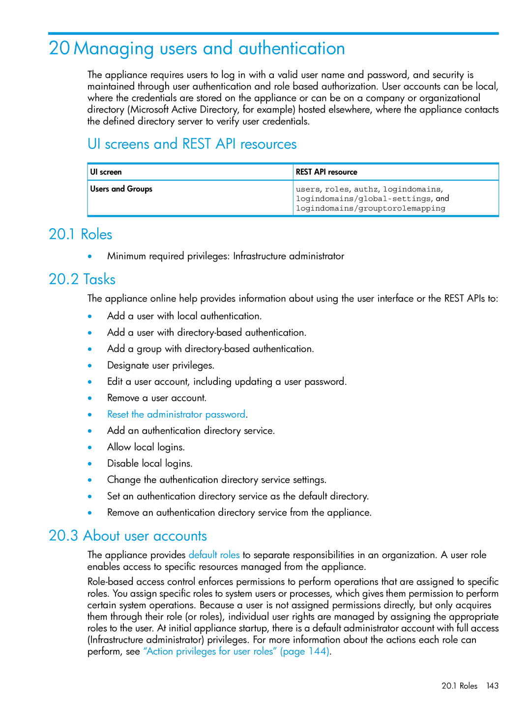 HP OneView manual Managing users and authentication, About user accounts, Reset the administrator password 