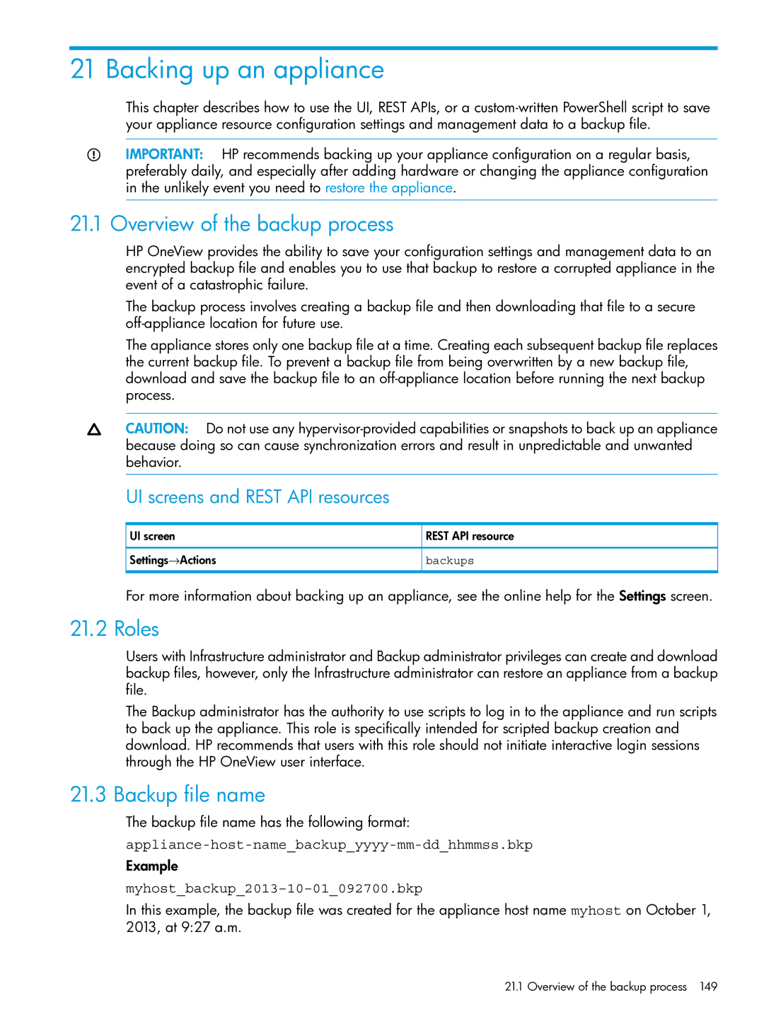 HP OneView manual Backing up an appliance, Overview of the backup process, Backup file name, Backups 