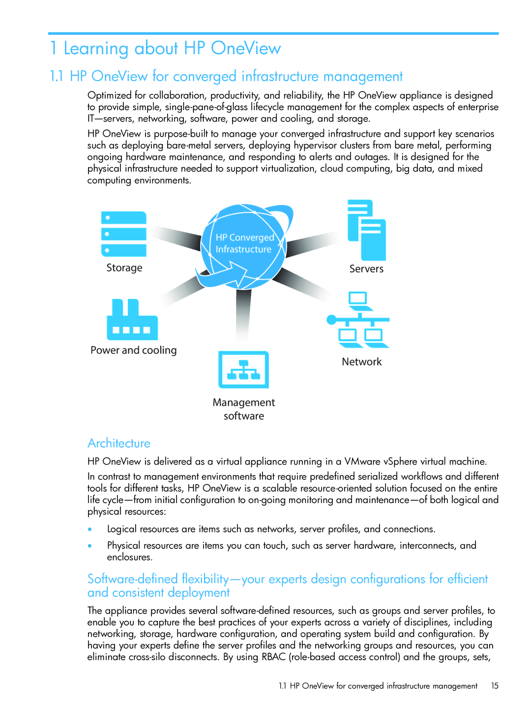 HP manual Learning about HP OneView, HP OneView for converged infrastructure management, Architecture 