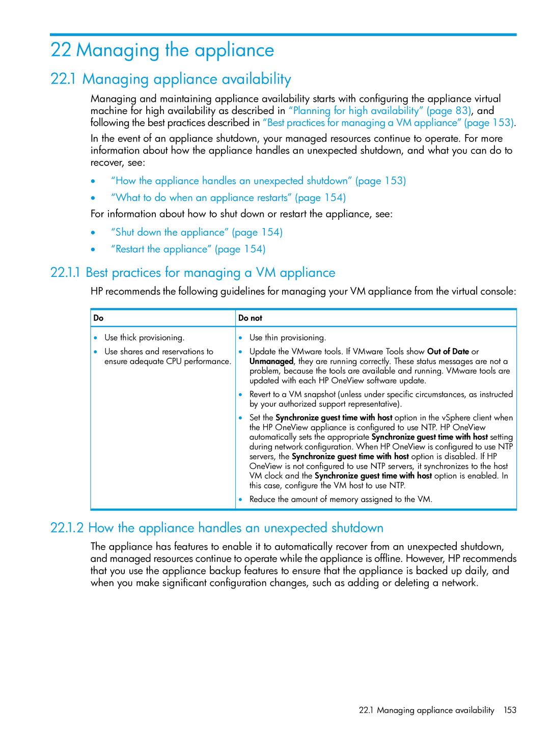 HP OneView manual Managing the appliance, Managing appliance availability, Best practices for managing a VM appliance 