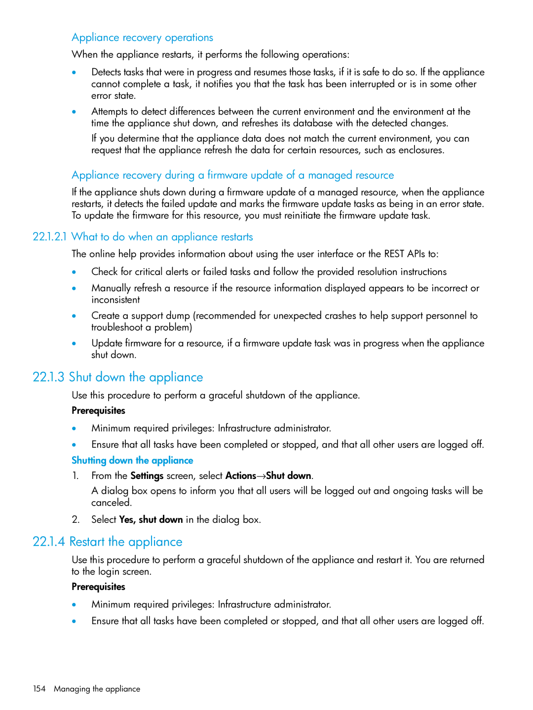 HP OneView Shut down the appliance, Restart the appliance, Appliance recovery operations, Shutting down the appliance 