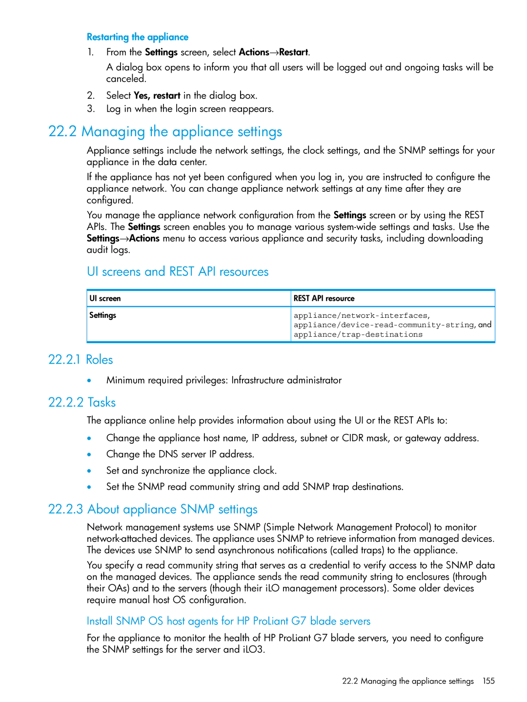 HP OneView manual Managing the appliance settings, About appliance Snmp settings, Restarting the appliance 