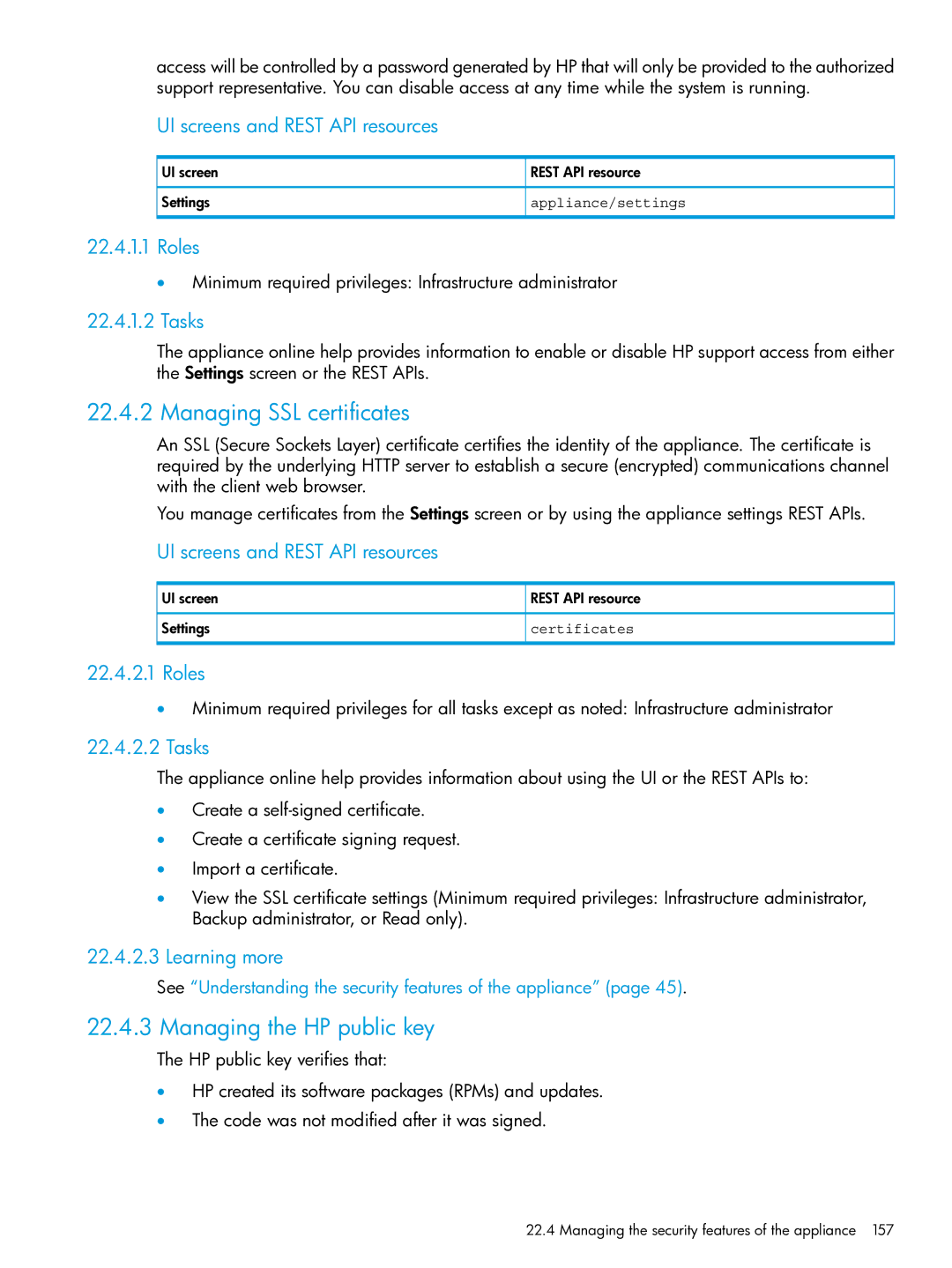 HP OneView manual Managing SSL certificates, Managing the HP public key, Roles, Tasks, Learning more 