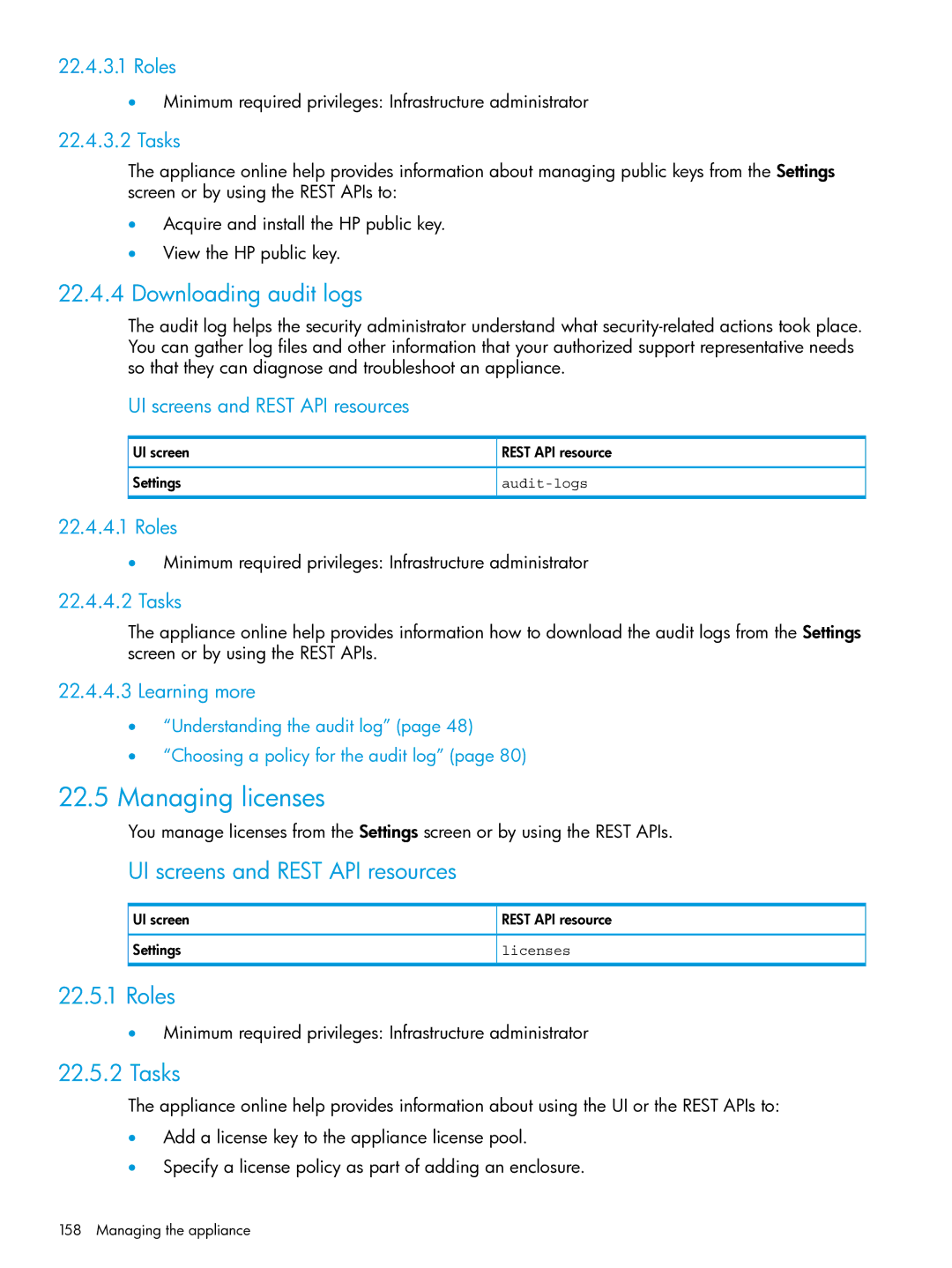 HP OneView manual Managing licenses, Downloading audit logs, Audit-logs, Licenses 