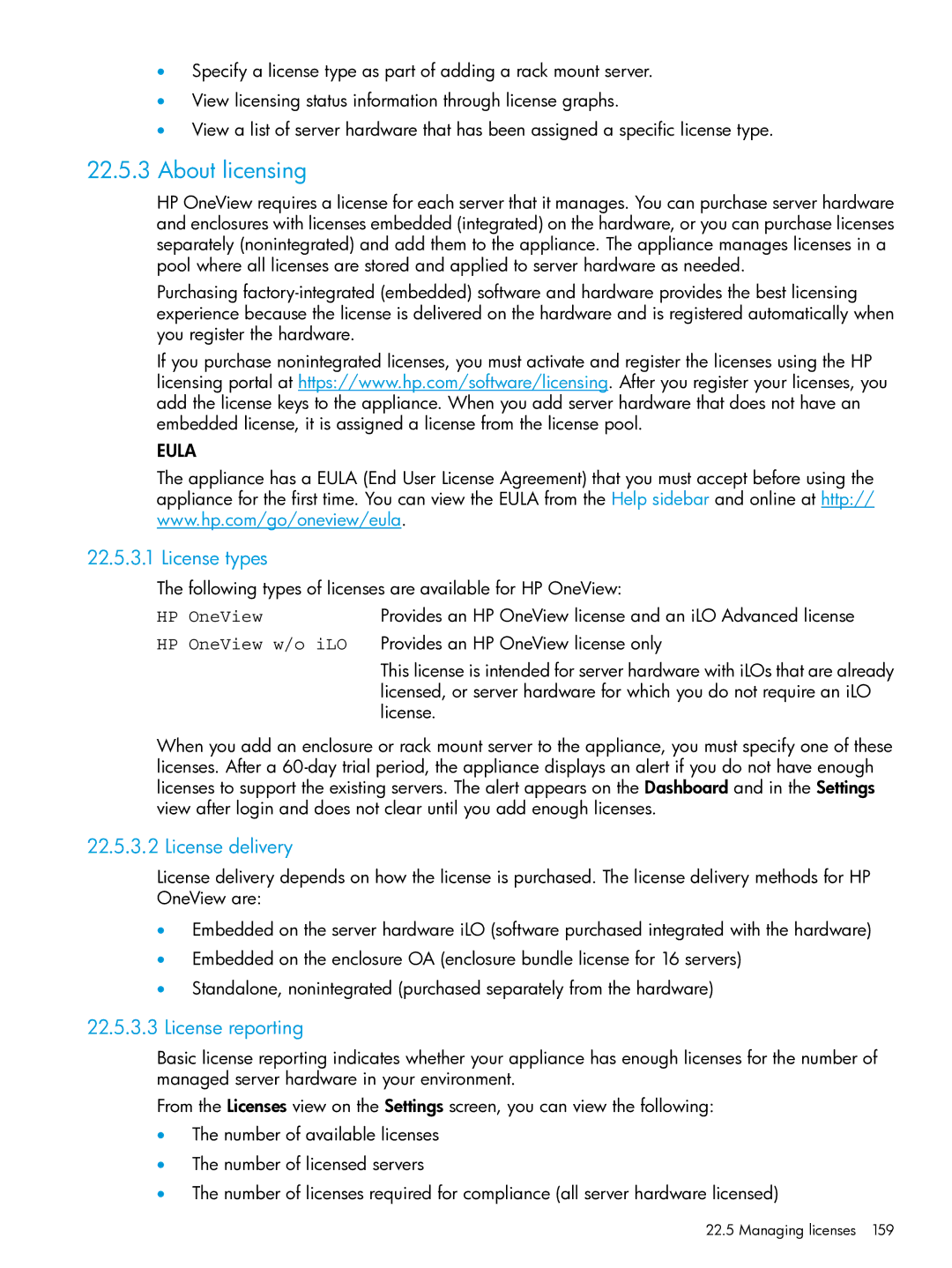HP OneView manual About licensing, License types, License delivery, License reporting, Managing licenses 