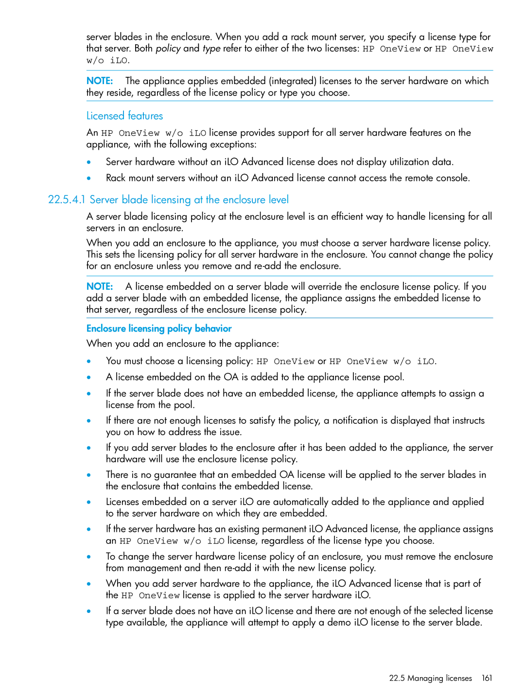 HP OneView manual Licensed features, Server blade licensing at the enclosure level, Enclosure licensing policy behavior 