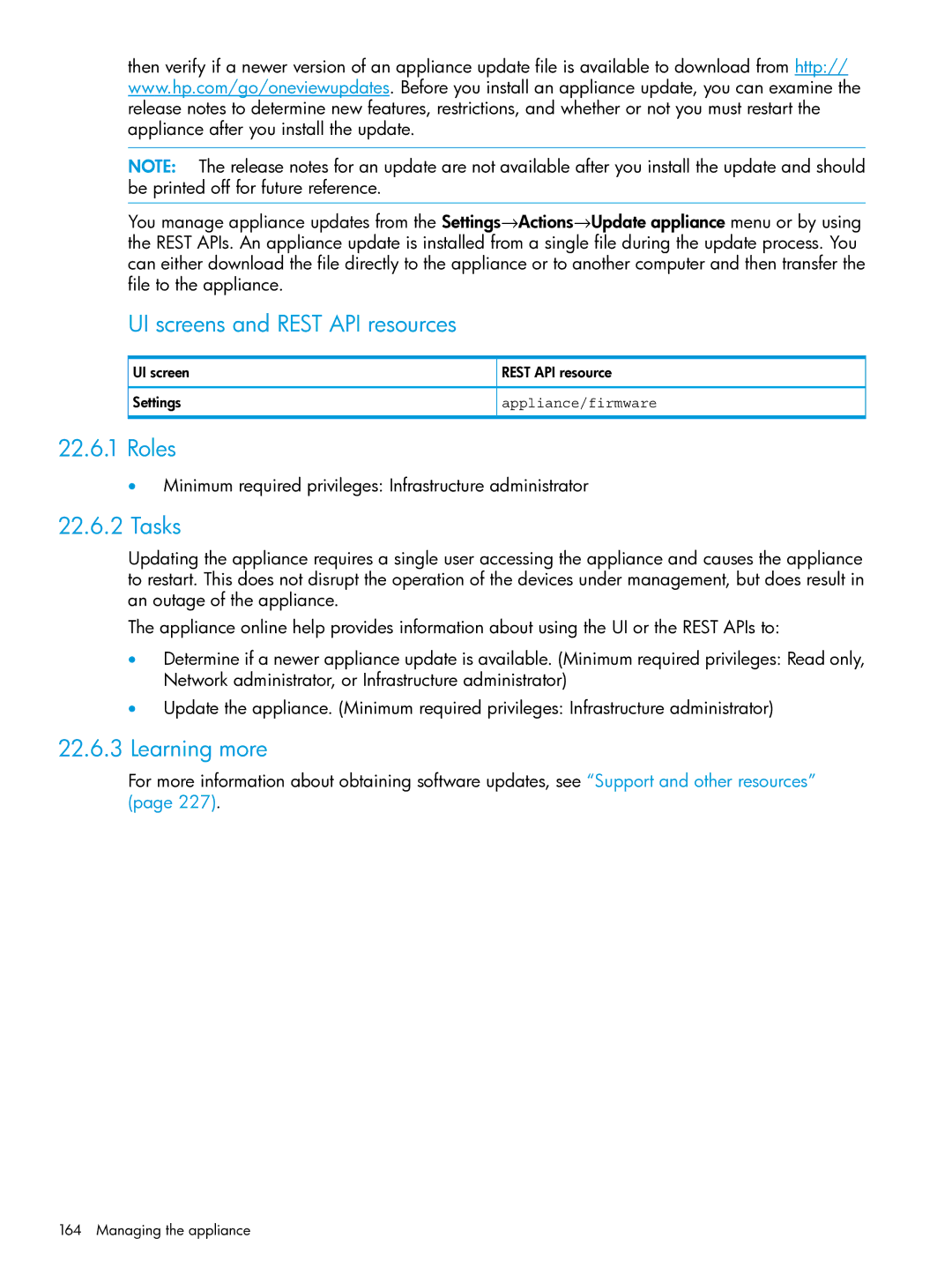 HP OneView manual UI screens and Rest API resources, Appliance/firmware 