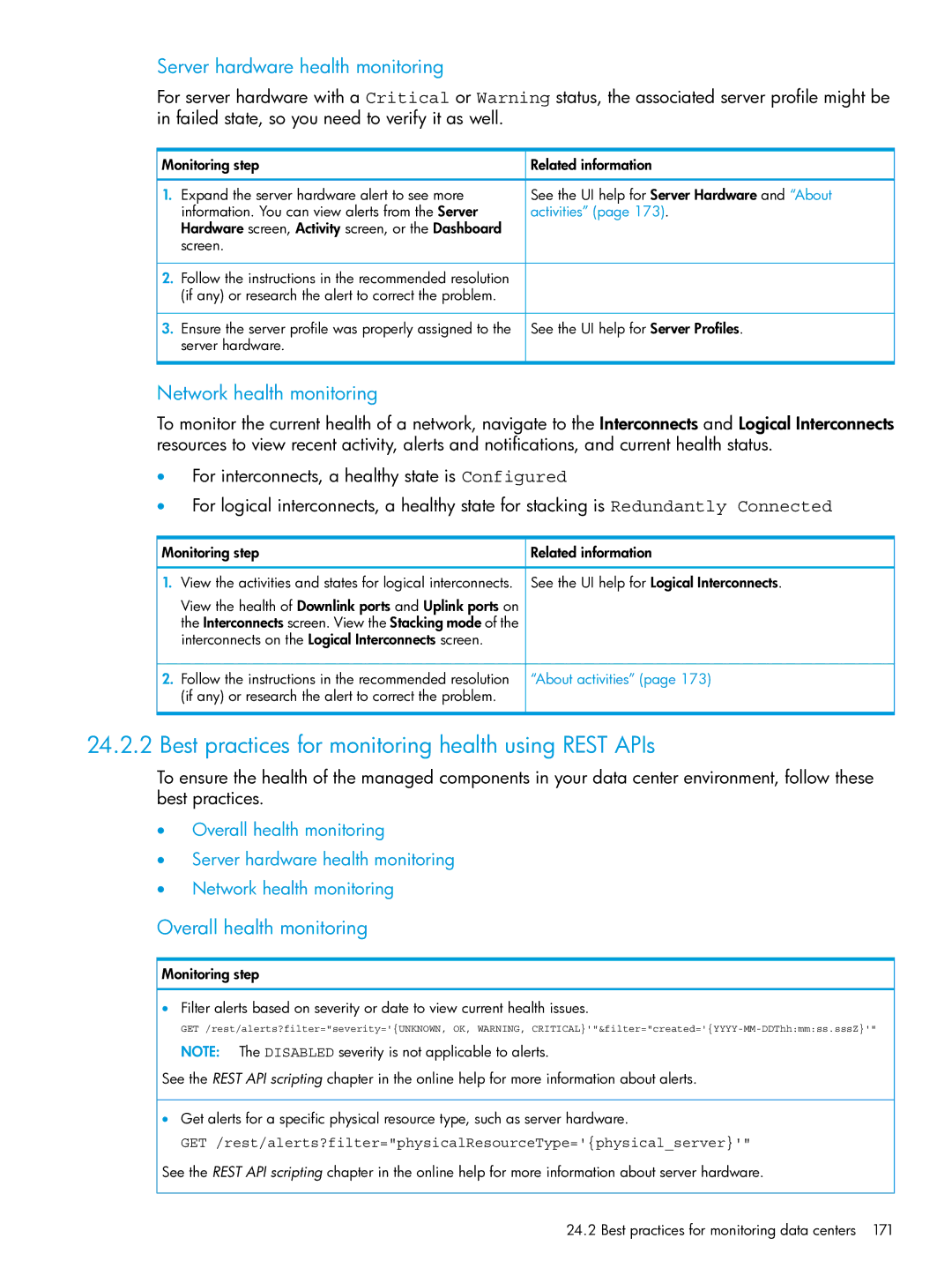 HP OneView manual Best practices for monitoring health using Rest APIs, Server hardware health monitoring 