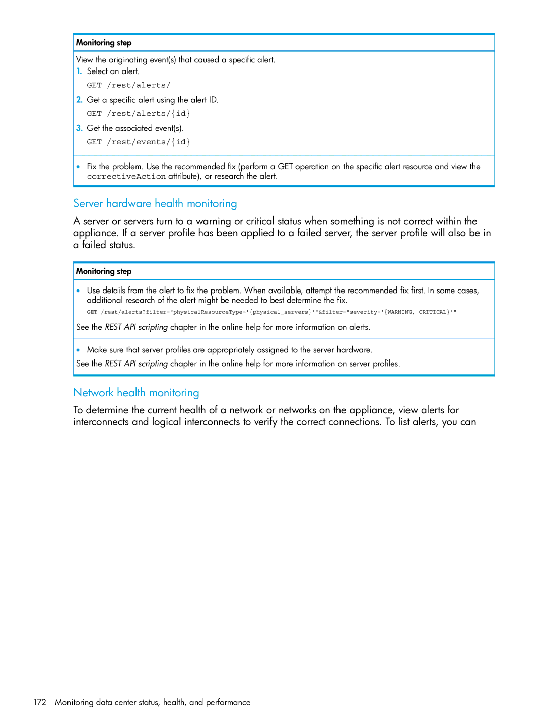 HP OneView manual Get a specific alert using the alert ID, GET /rest/alerts/id, Get the associated events 