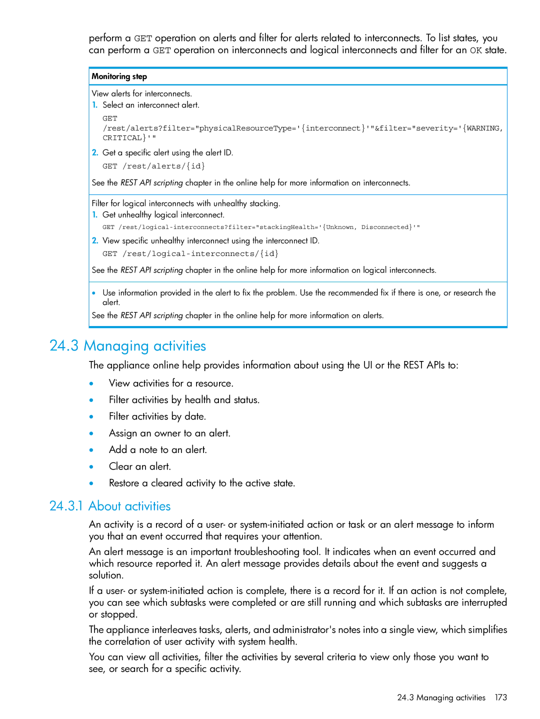 HP OneView manual Managing activities, About activities, GET /rest/logical-interconnects/id 