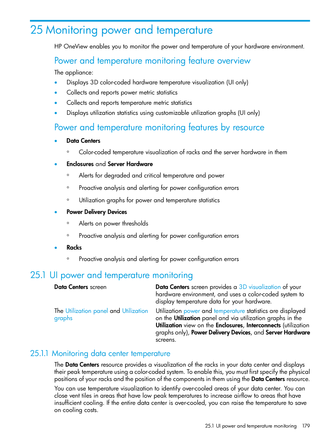 HP OneView manual Monitoring power and temperature, Power and temperature monitoring feature overview 