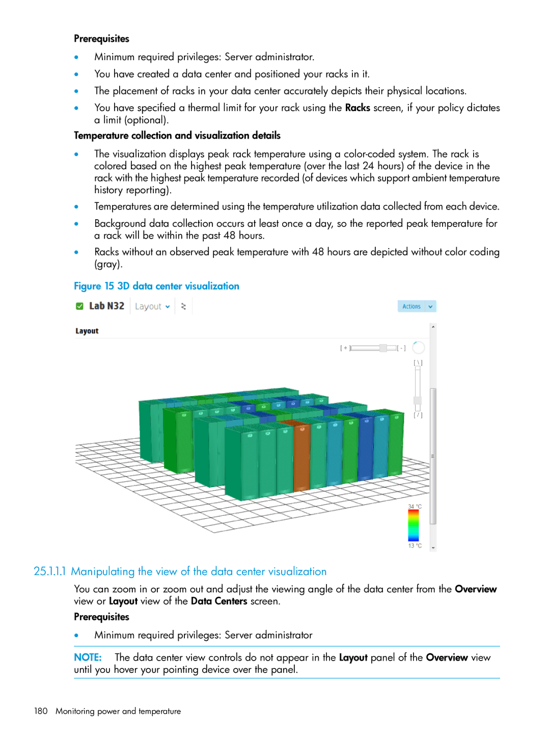 HP OneView manual Manipulating the view of the data center visualization, Monitoring power and temperature 