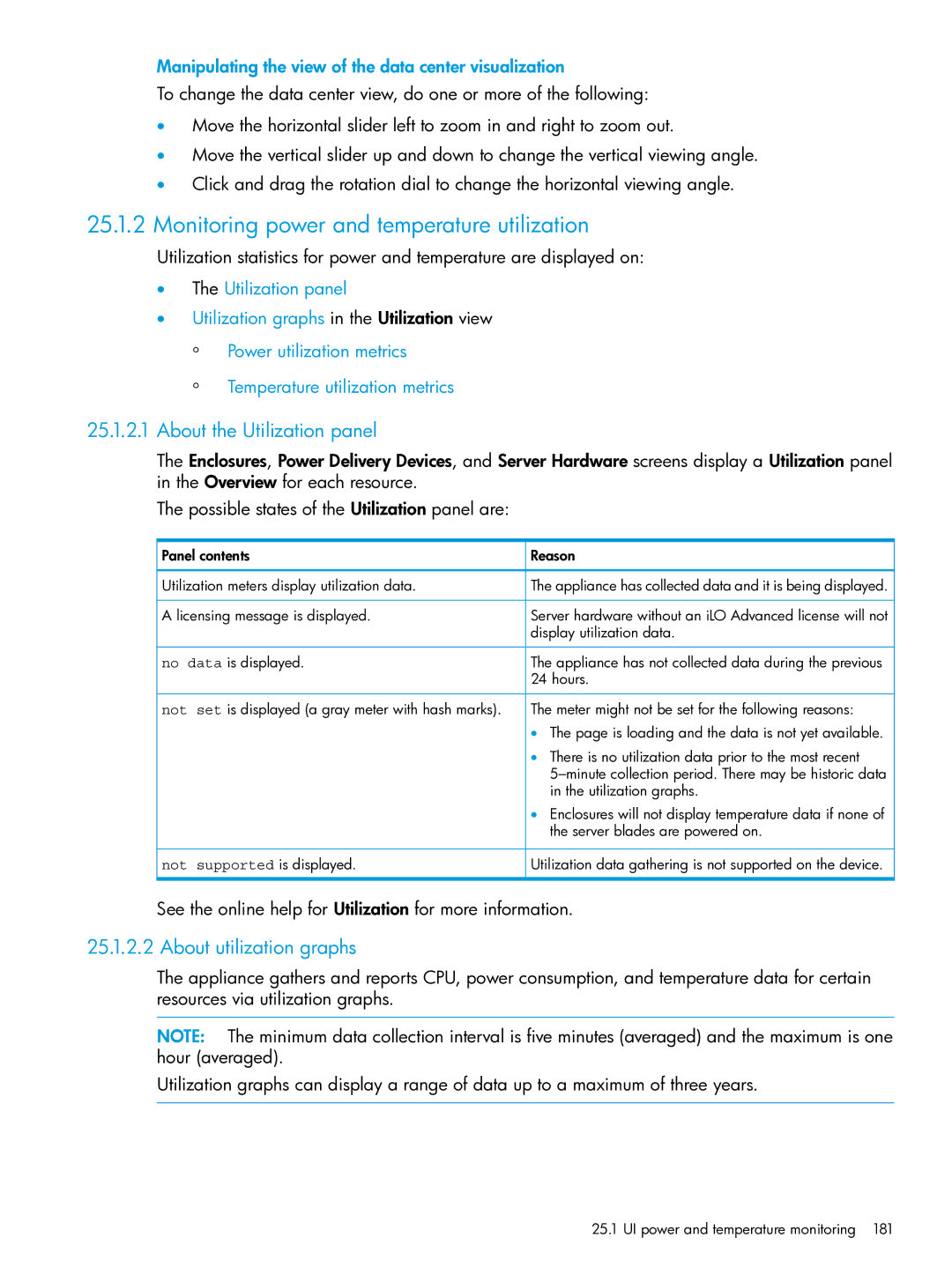 HP OneView manual Monitoring power and temperature utilization, About the Utilization panel, About utilization graphs 