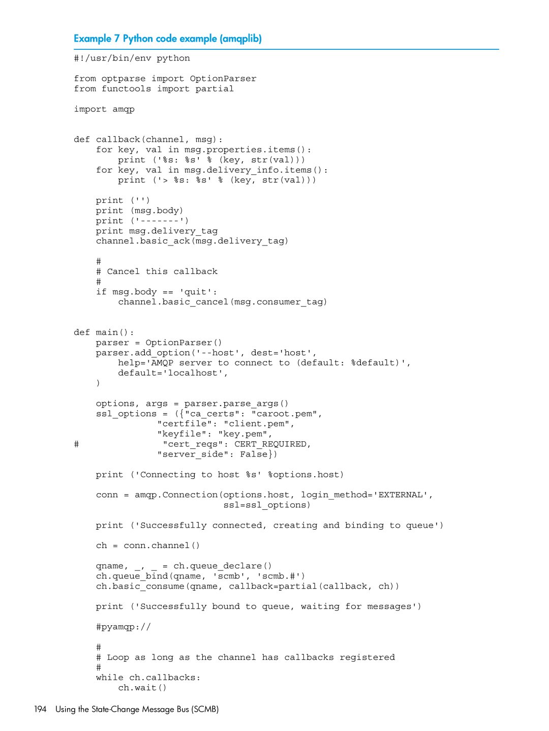 HP OneView manual Example 7 Python code example amqplib 