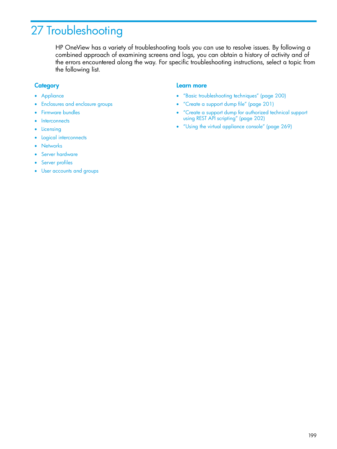 HP OneView manual Troubleshooting, Category, 199 