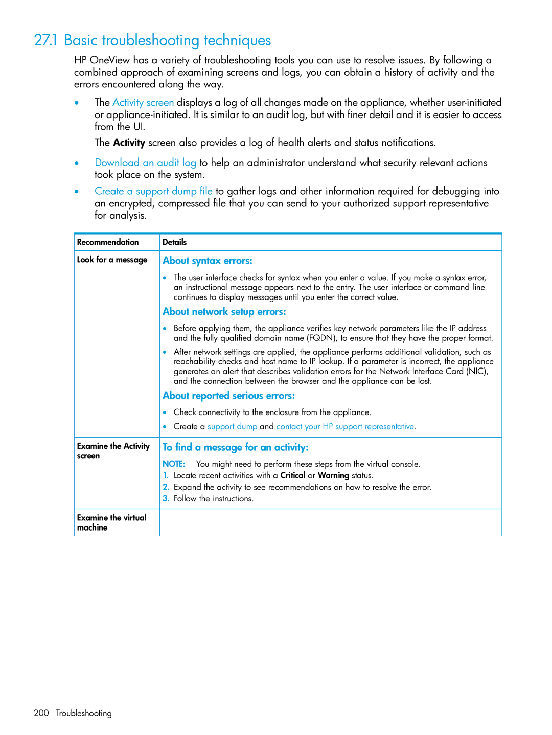 HP OneView manual Basic troubleshooting techniques, About network setup errors, About reported serious errors 