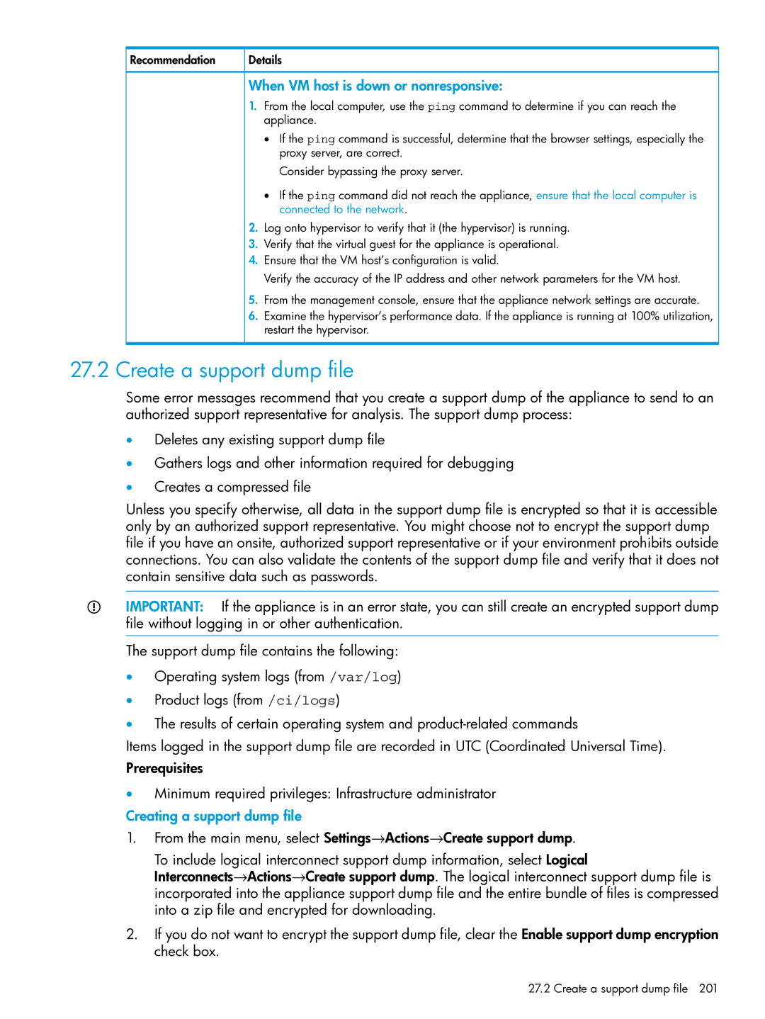 HP OneView manual Create a support dump file, When VM host is down or nonresponsive, Creating a support dump file 