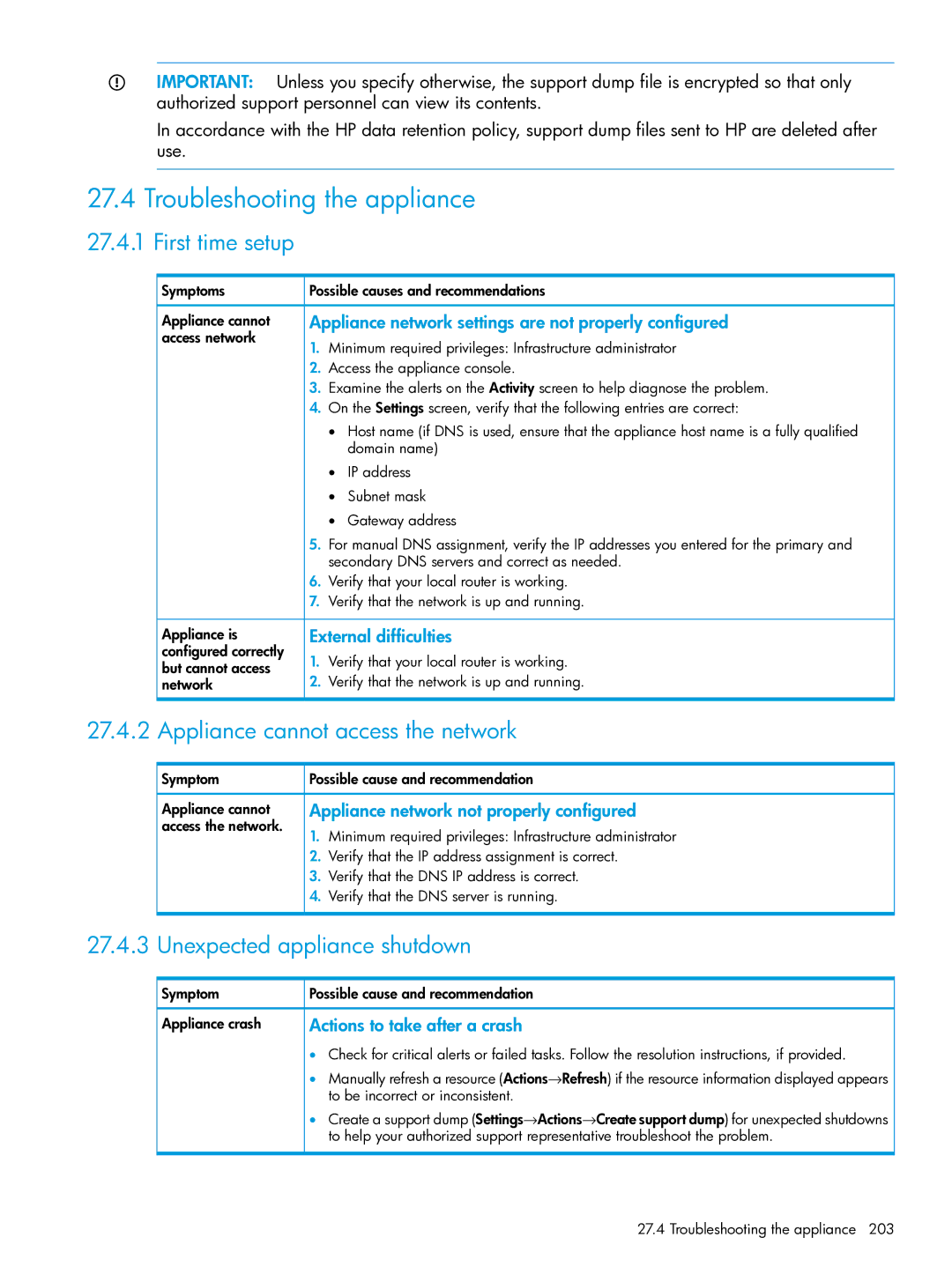 HP OneView manual Troubleshooting the appliance, First time setup, Appliance cannot access the network 