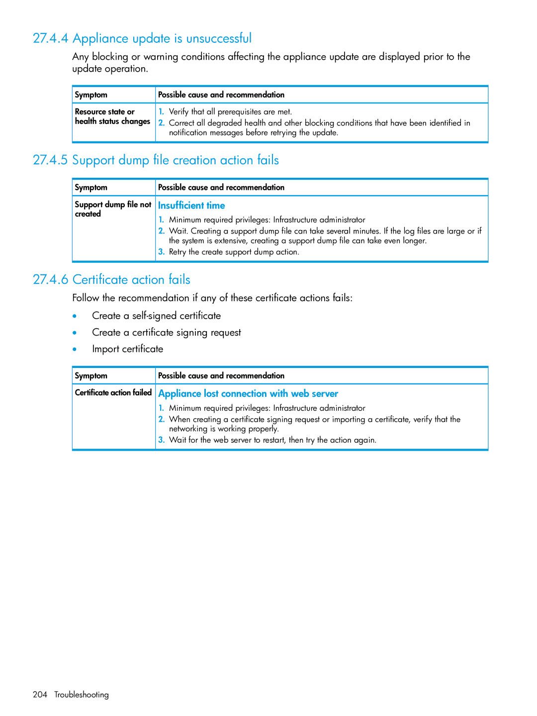 HP OneView manual Appliance update is unsuccessful, Support dump file creation action fails, Certificate action fails 