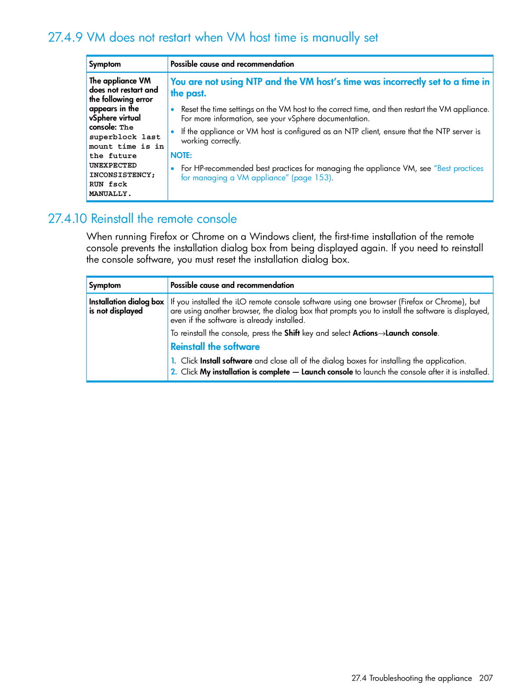 HP OneView VM does not restart when VM host time is manually set, Reinstall the remote console, Reinstall the software 