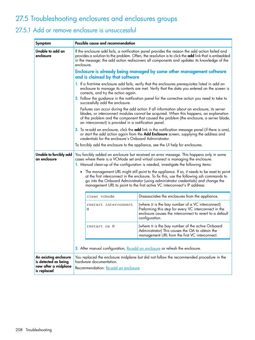 HP OneView manual Troubleshooting enclosures and enclosures groups, Add or remove enclosure is unsuccessful, Clear vcmode 