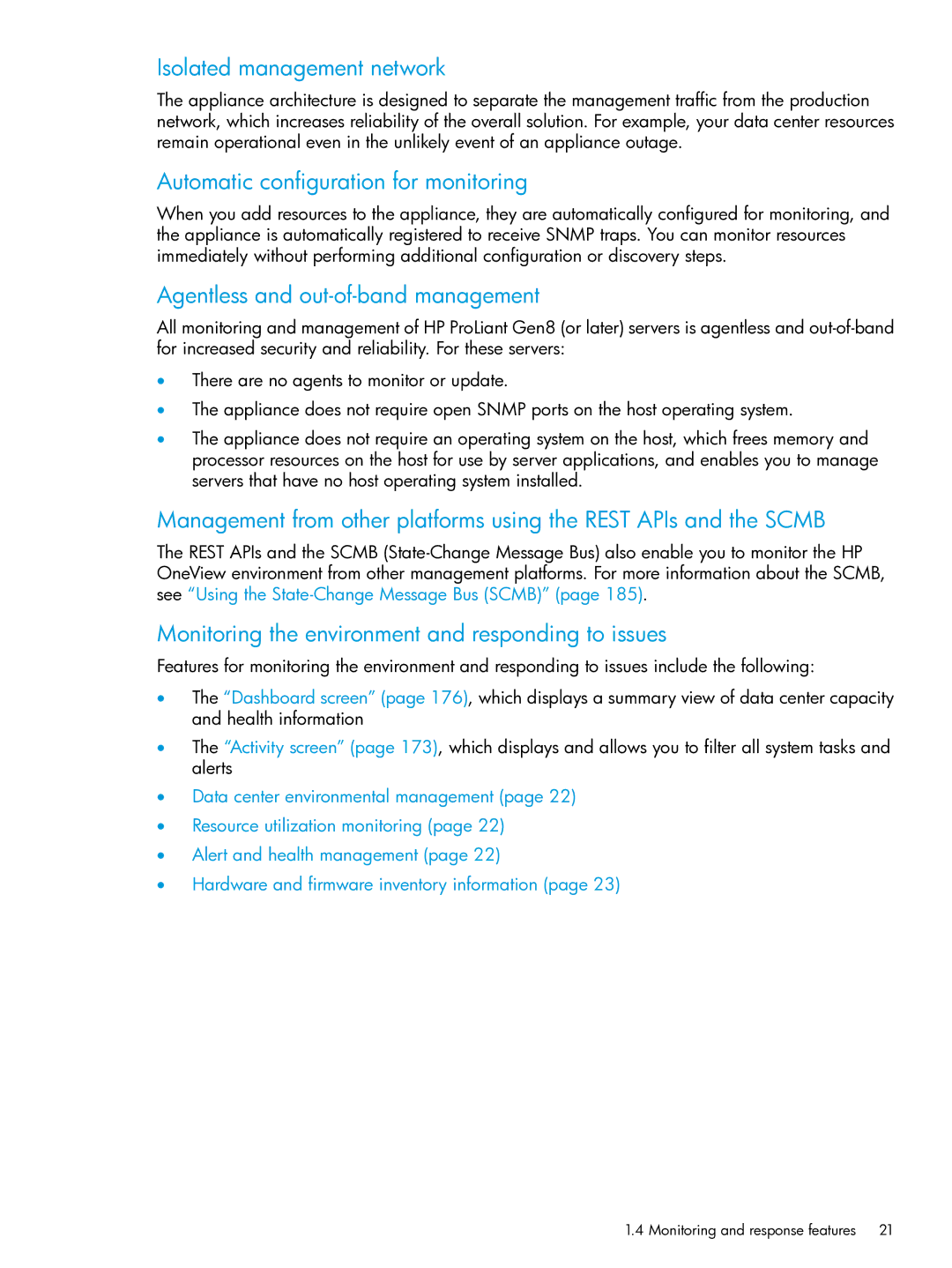 HP OneView manual Isolated management network, Automatic configuration for monitoring, Agentless and out-of-band management 