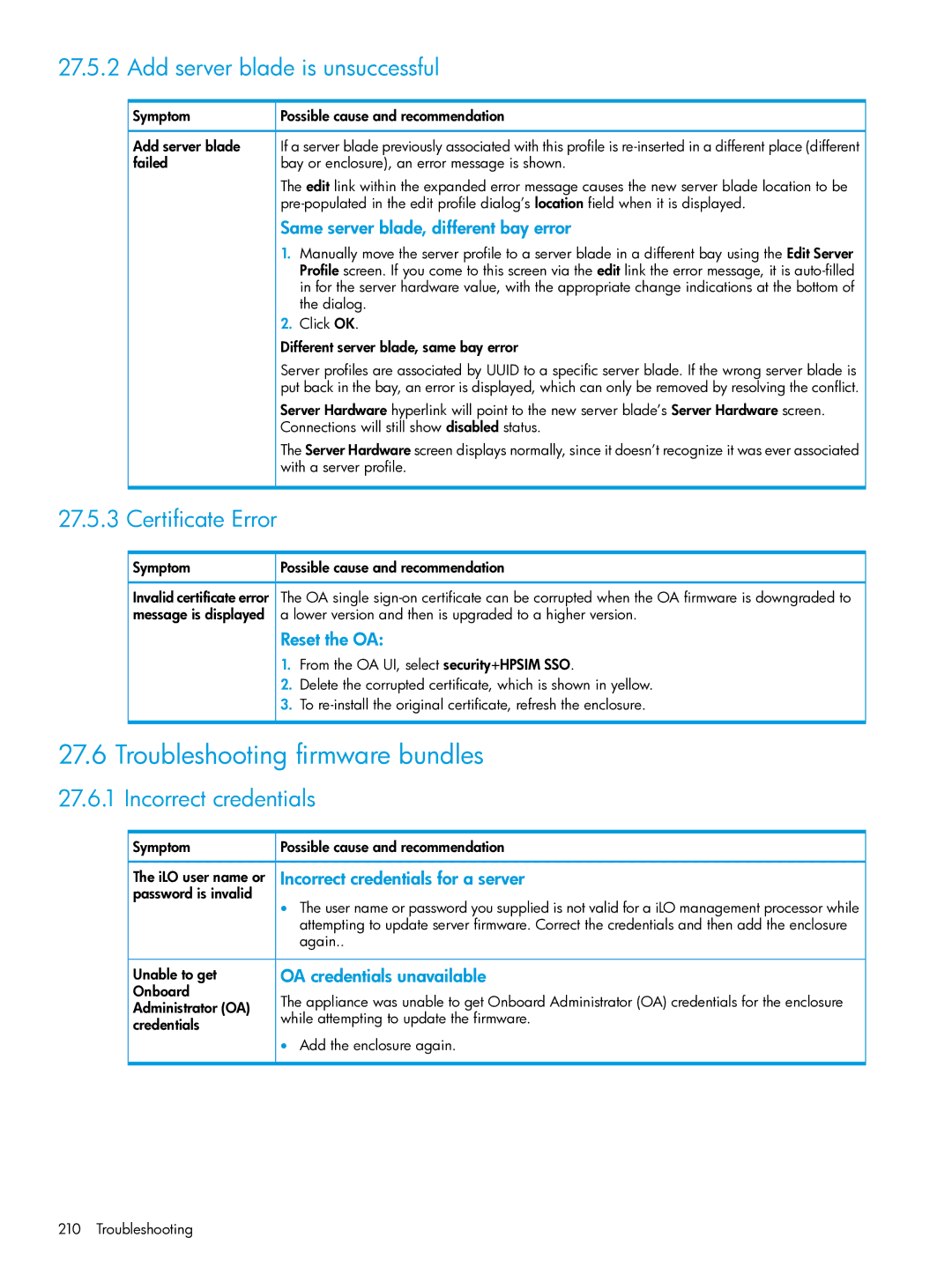 HP OneView Troubleshooting firmware bundles, Add server blade is unsuccessful, Certificate Error, Incorrect credentials 