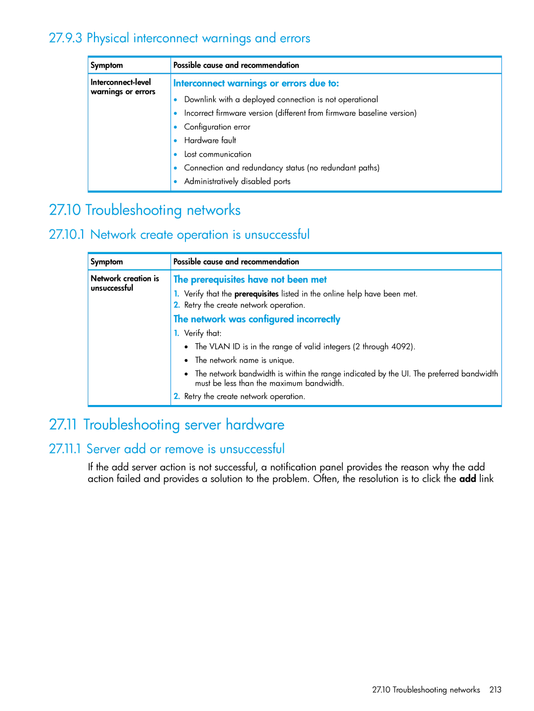 HP OneView manual Troubleshooting networks, Troubleshooting server hardware, Physical interconnect warnings and errors 