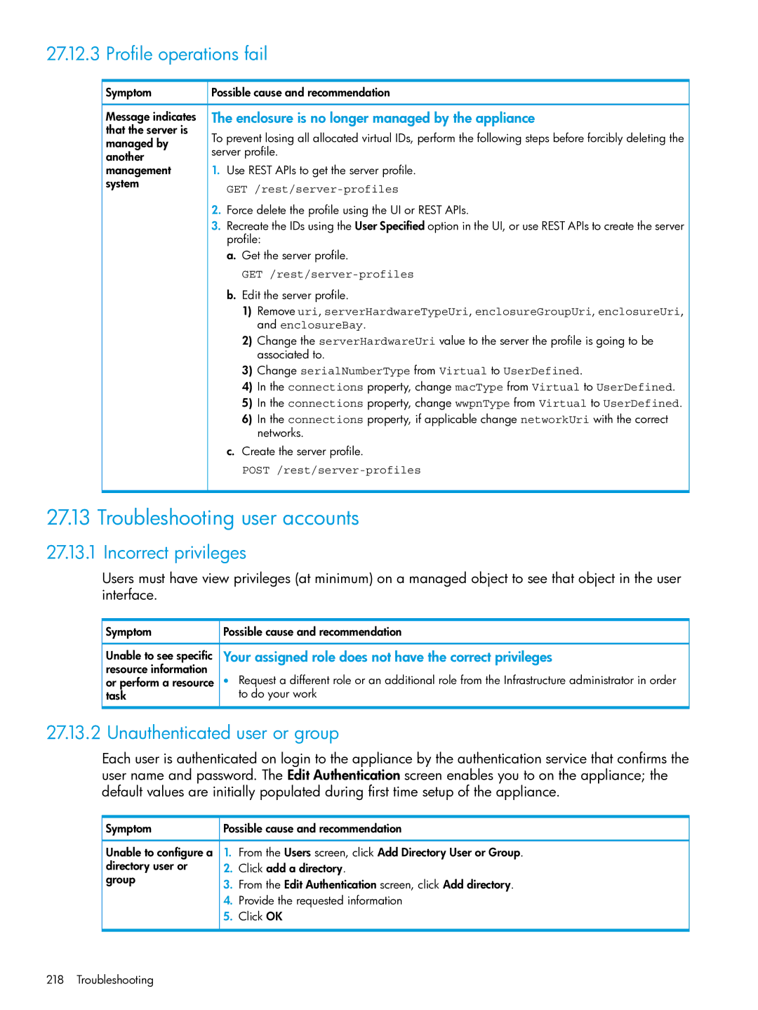 HP OneView Troubleshooting user accounts, Profile operations fail, Incorrect privileges, Unauthenticated user or group 