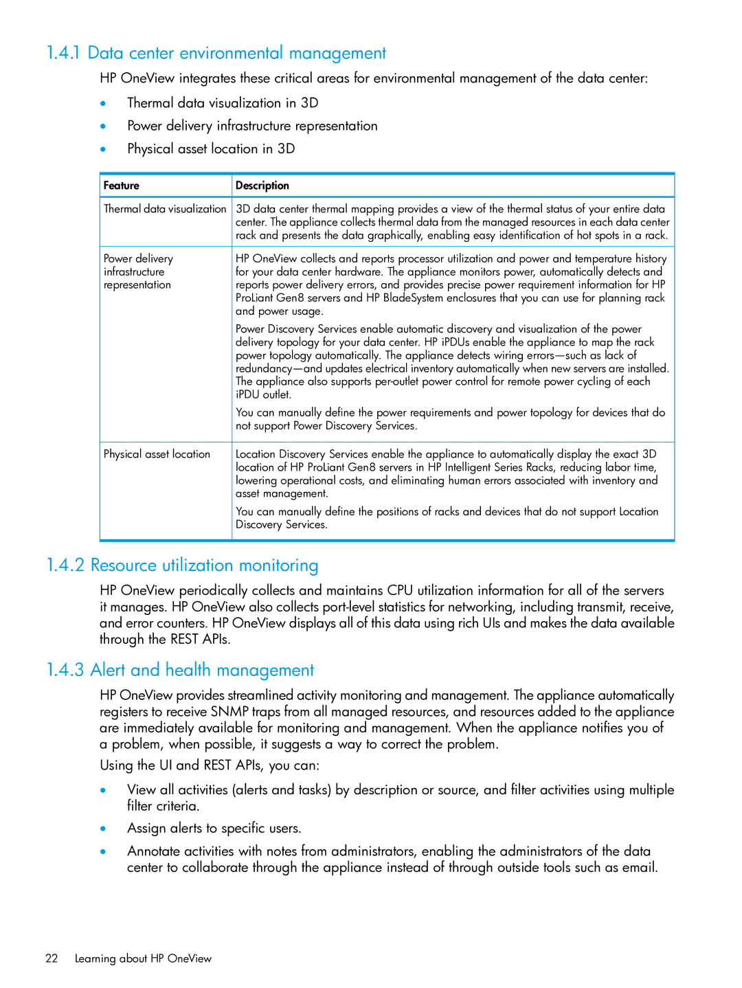 HP OneView manual Data center environmental management, Resource utilization monitoring, Alert and health management 