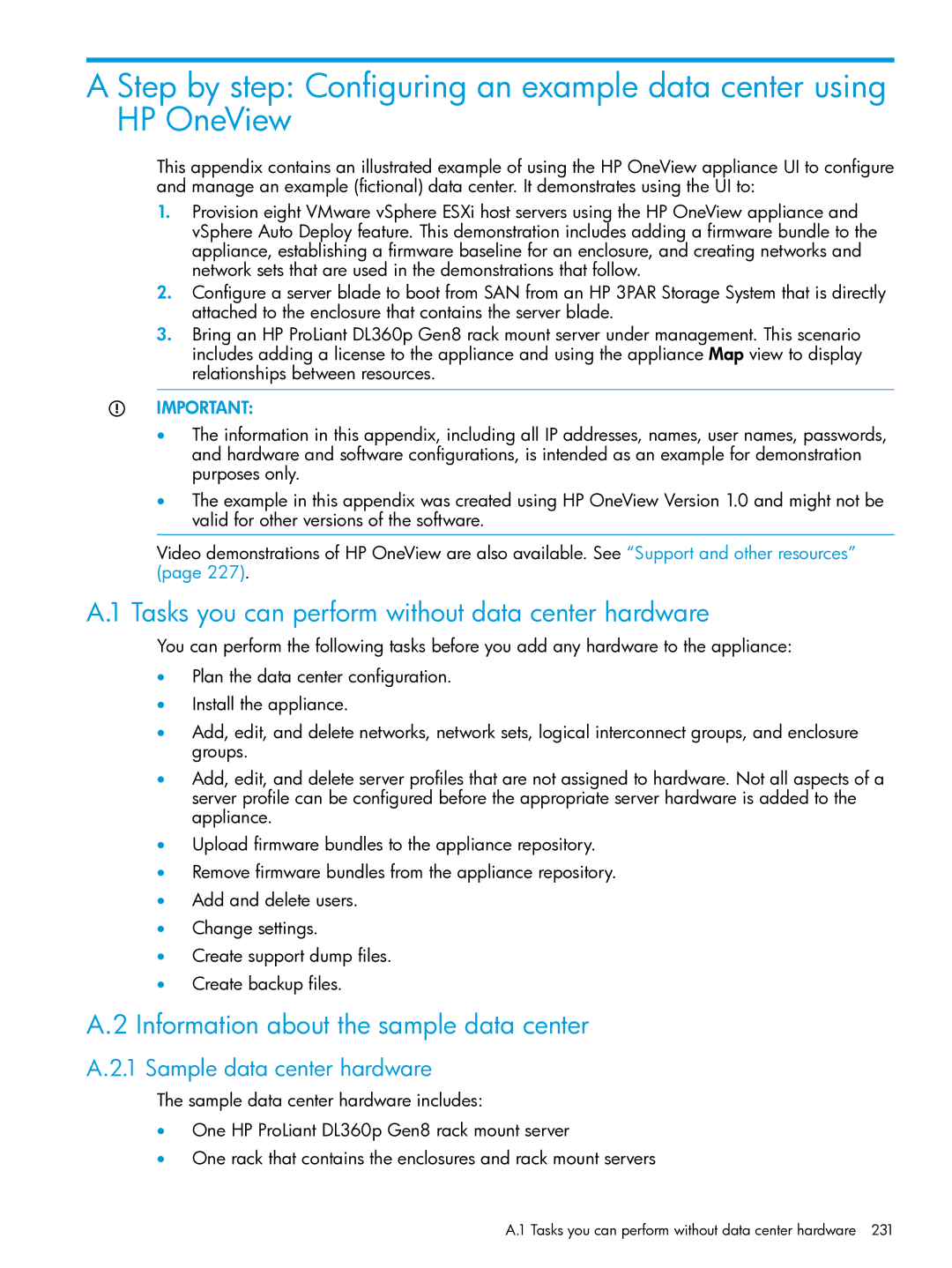 HP OneView manual Tasks you can perform without data center hardware, Information about the sample data center 