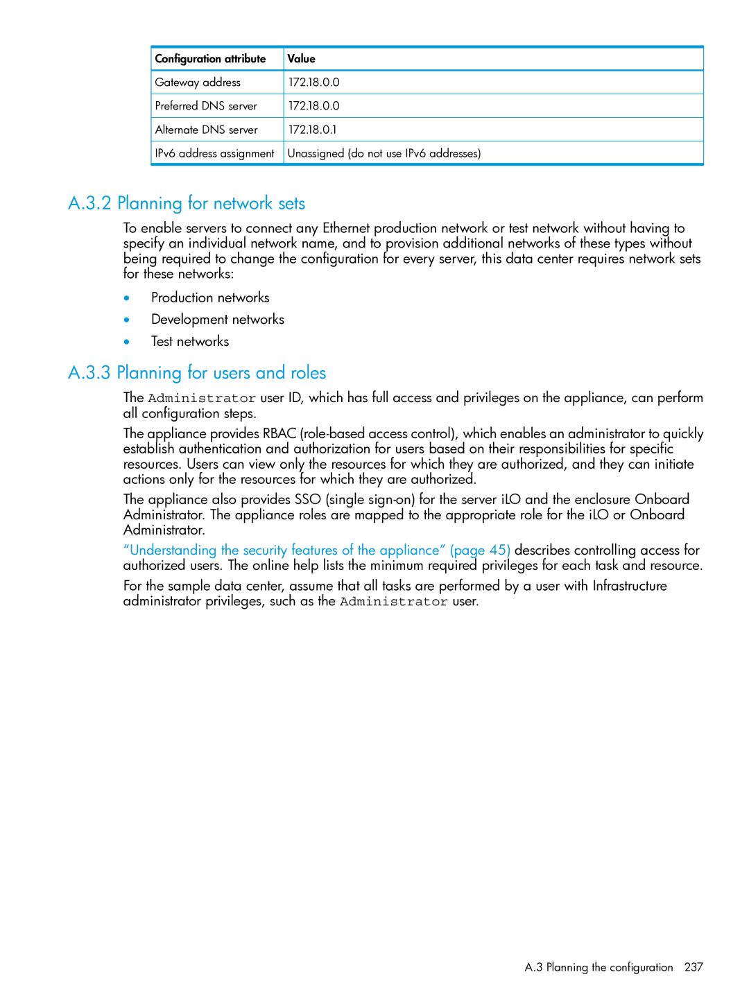 HP OneView manual Planning for network sets, Planning for users and roles, Planning the configuration 