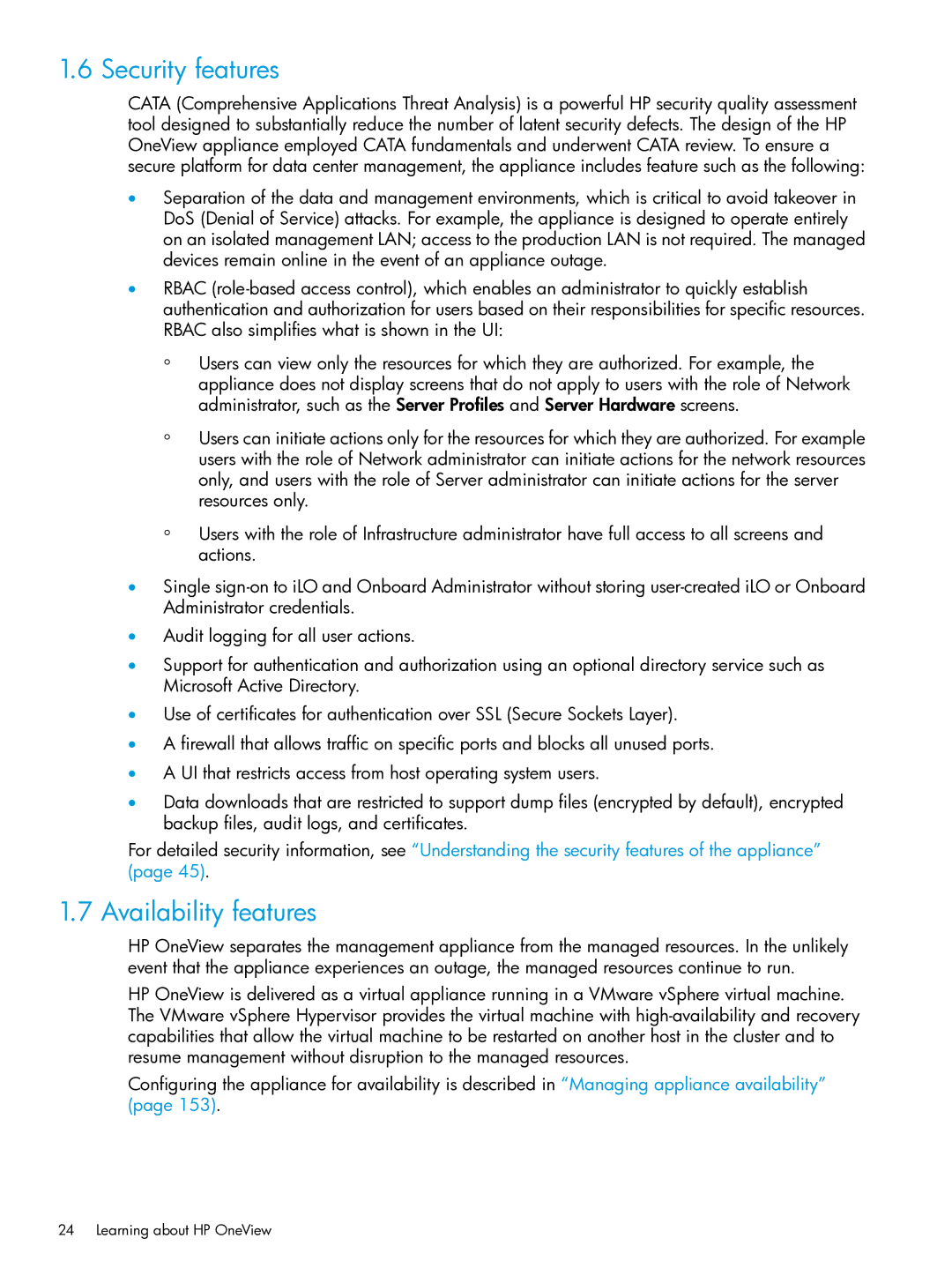 HP OneView manual Security features, Availability features 