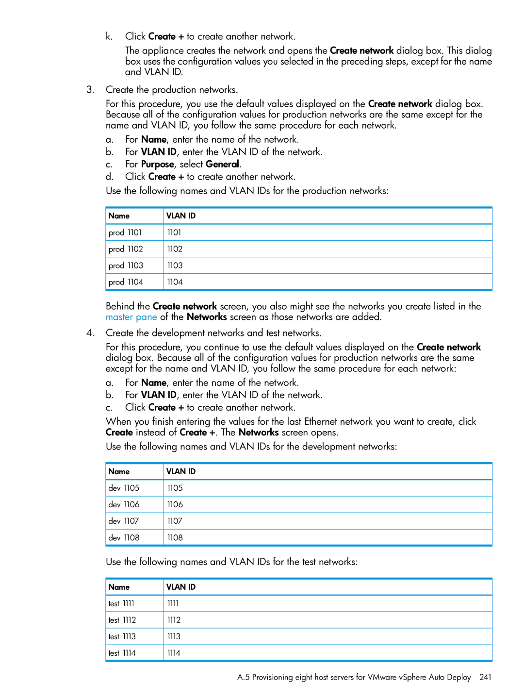 HP OneView manual Use the following names and Vlan IDs for the test networks, Prod 1101 1102 1103 1104 