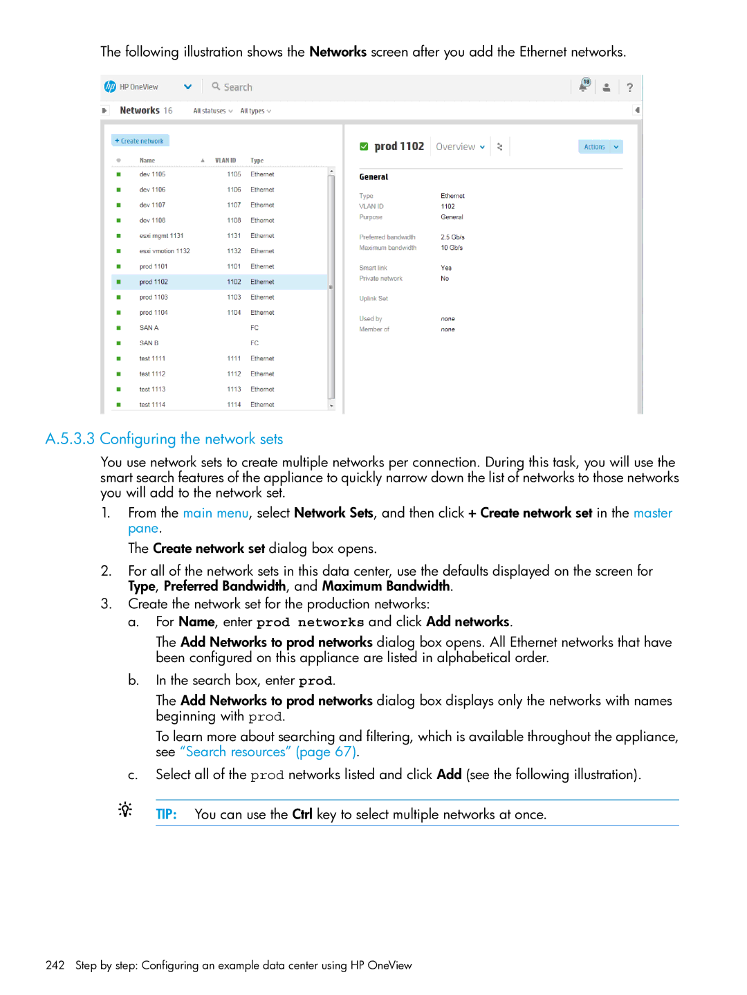 HP OneView manual Configuring the network sets 