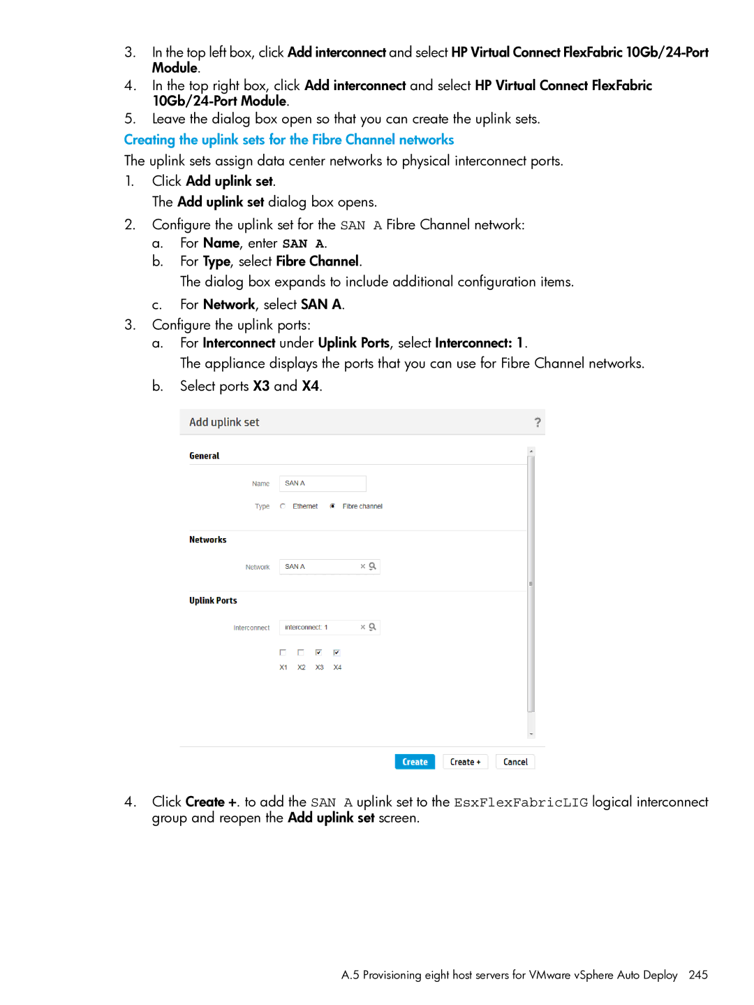 HP OneView manual Creating the uplink sets for the Fibre Channel networks 