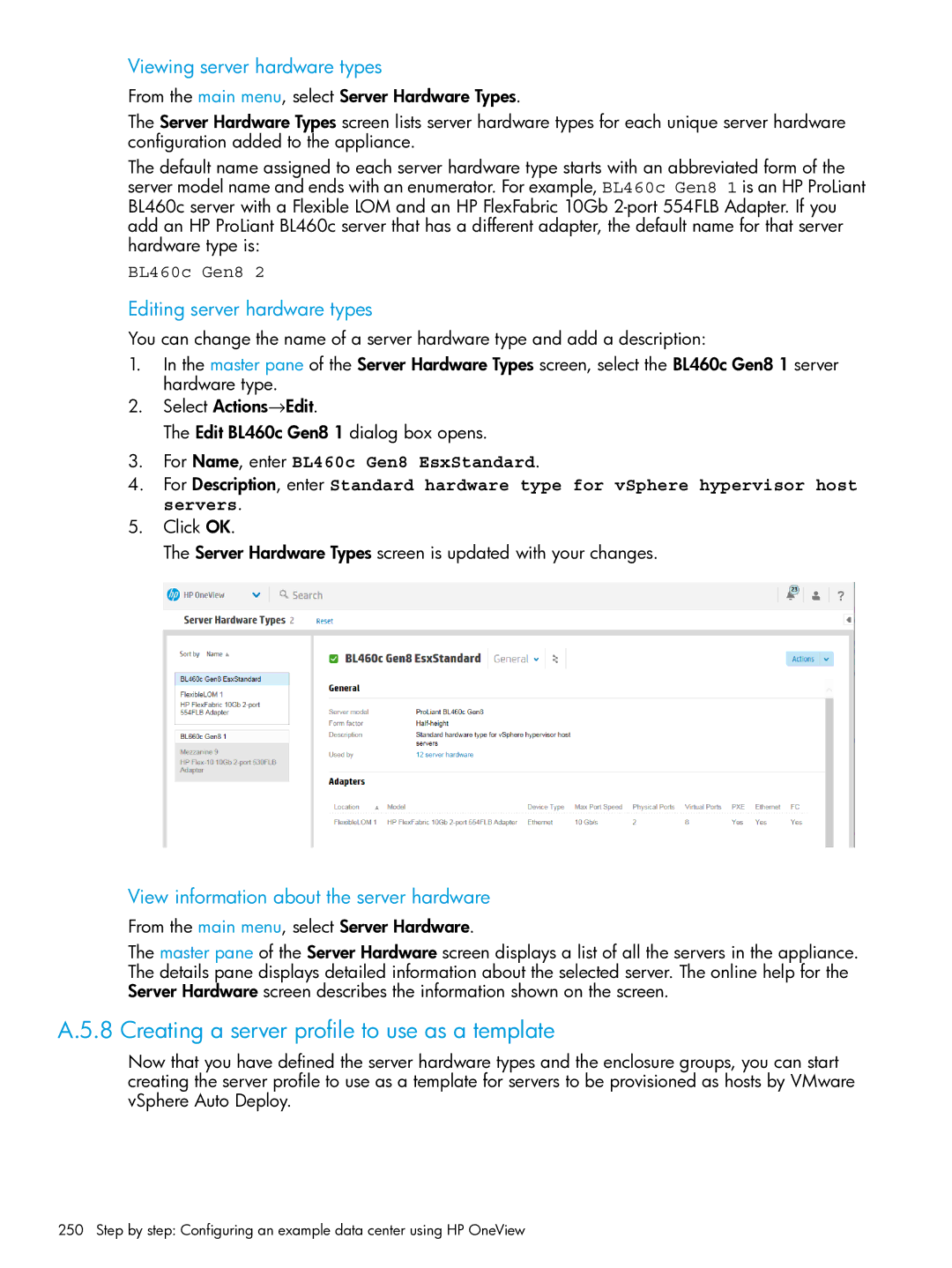 HP OneView Creating a server profile to use as a template, Viewing server hardware types, Editing server hardware types 