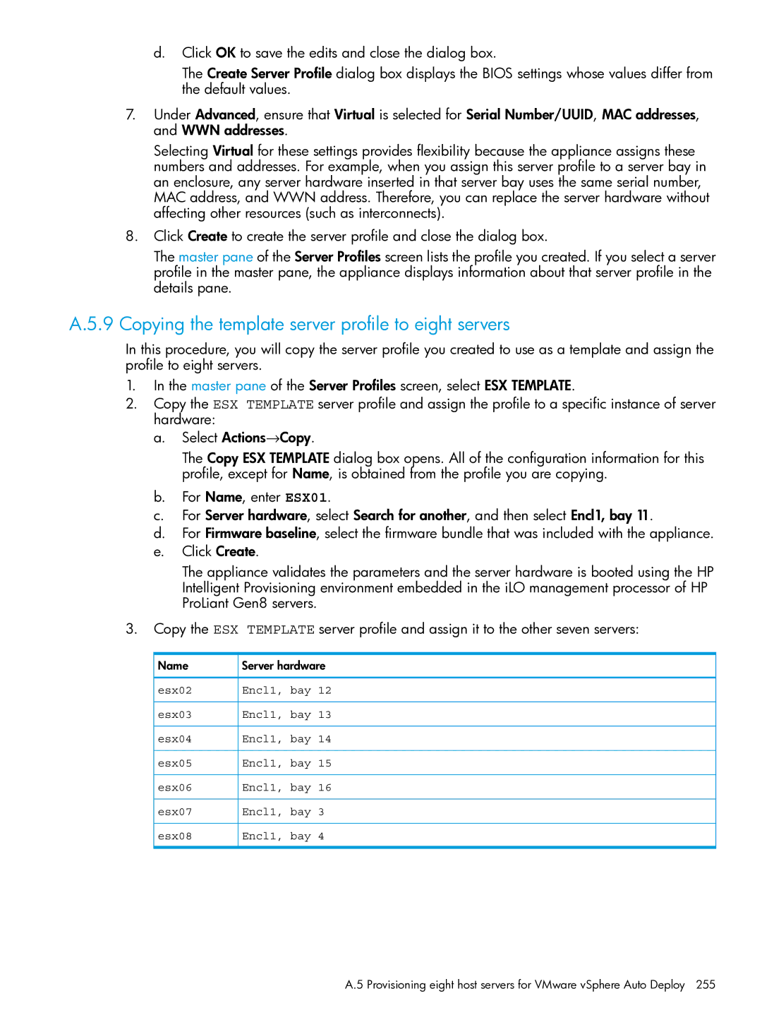 HP OneView manual Copying the template server profile to eight servers, Name Server hardware 