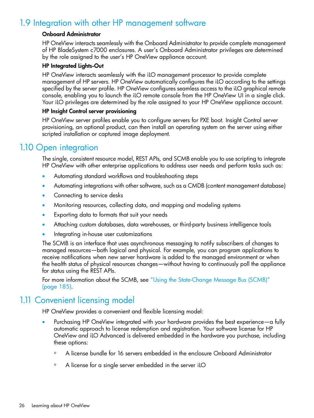 HP OneView manual Integration with other HP management software, Open integration, Convenient licensing model 