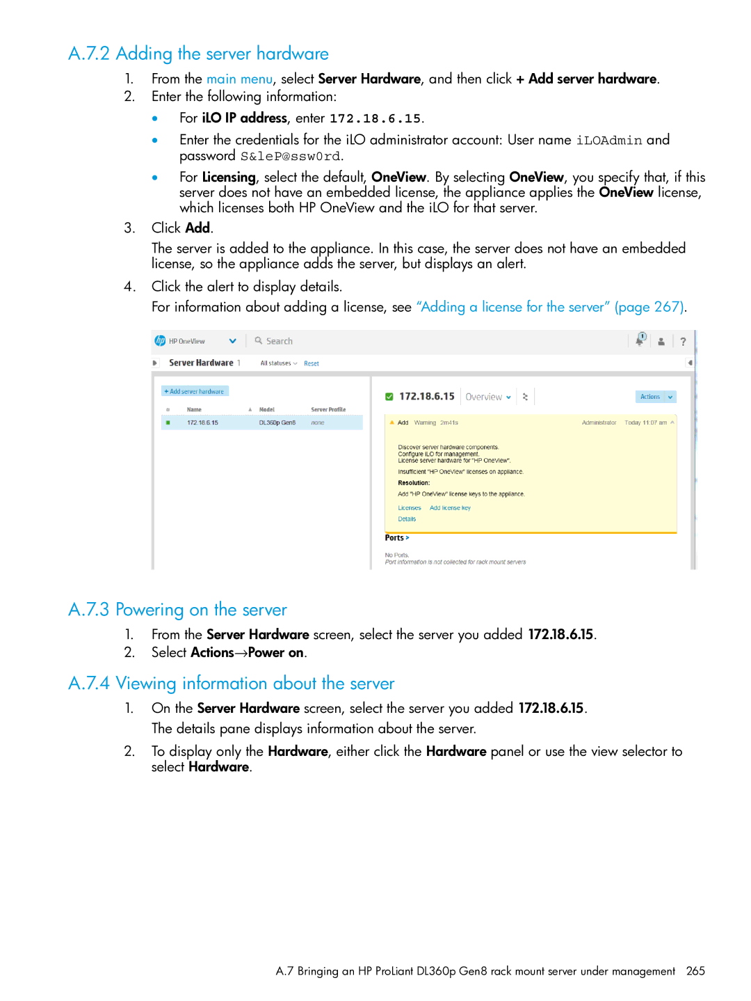 HP OneView manual Adding the server hardware, Powering on the server, Viewing information about the server 