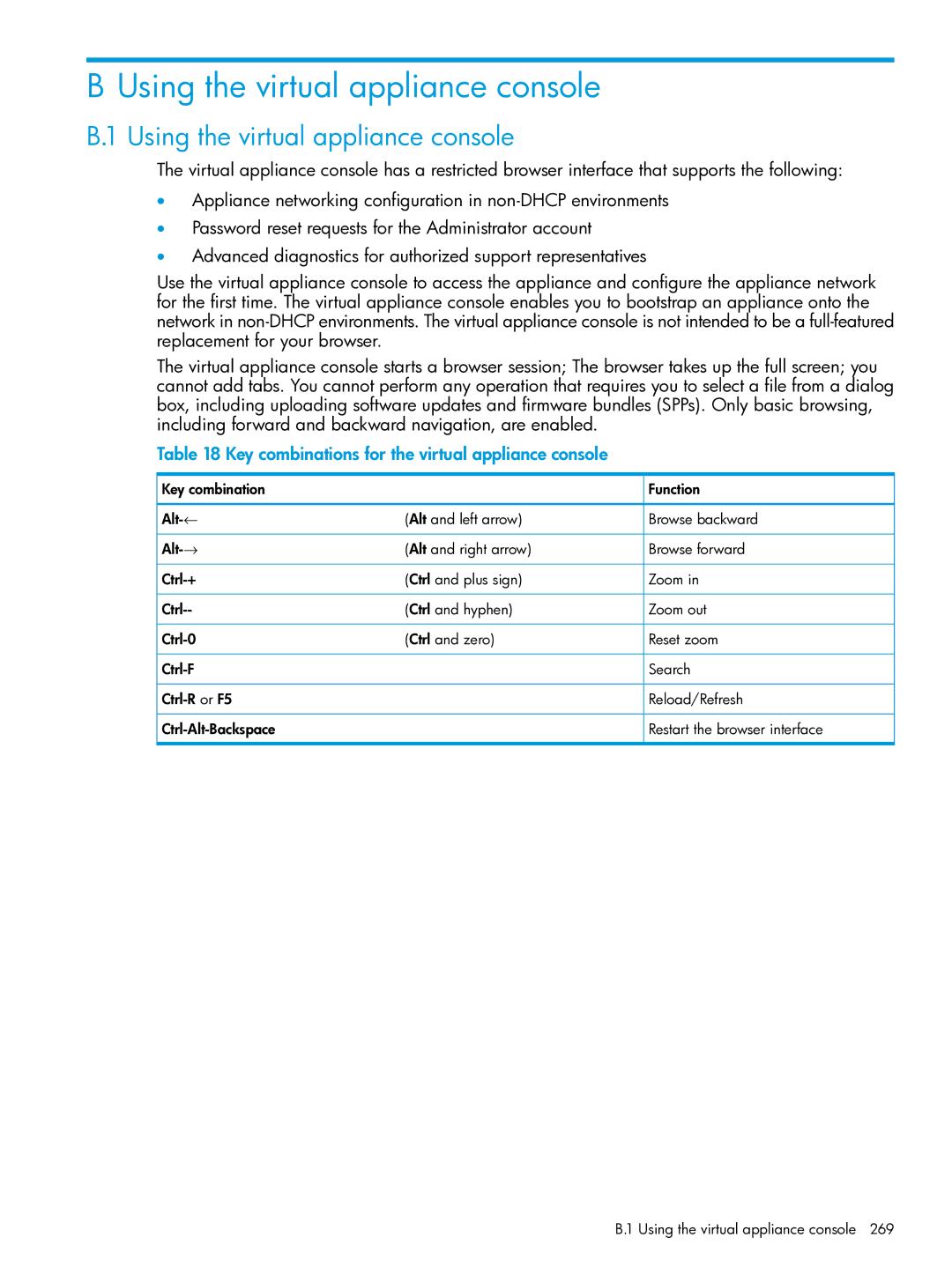 HP OneView manual Using the virtual appliance console, Key combinations for the virtual appliance console 