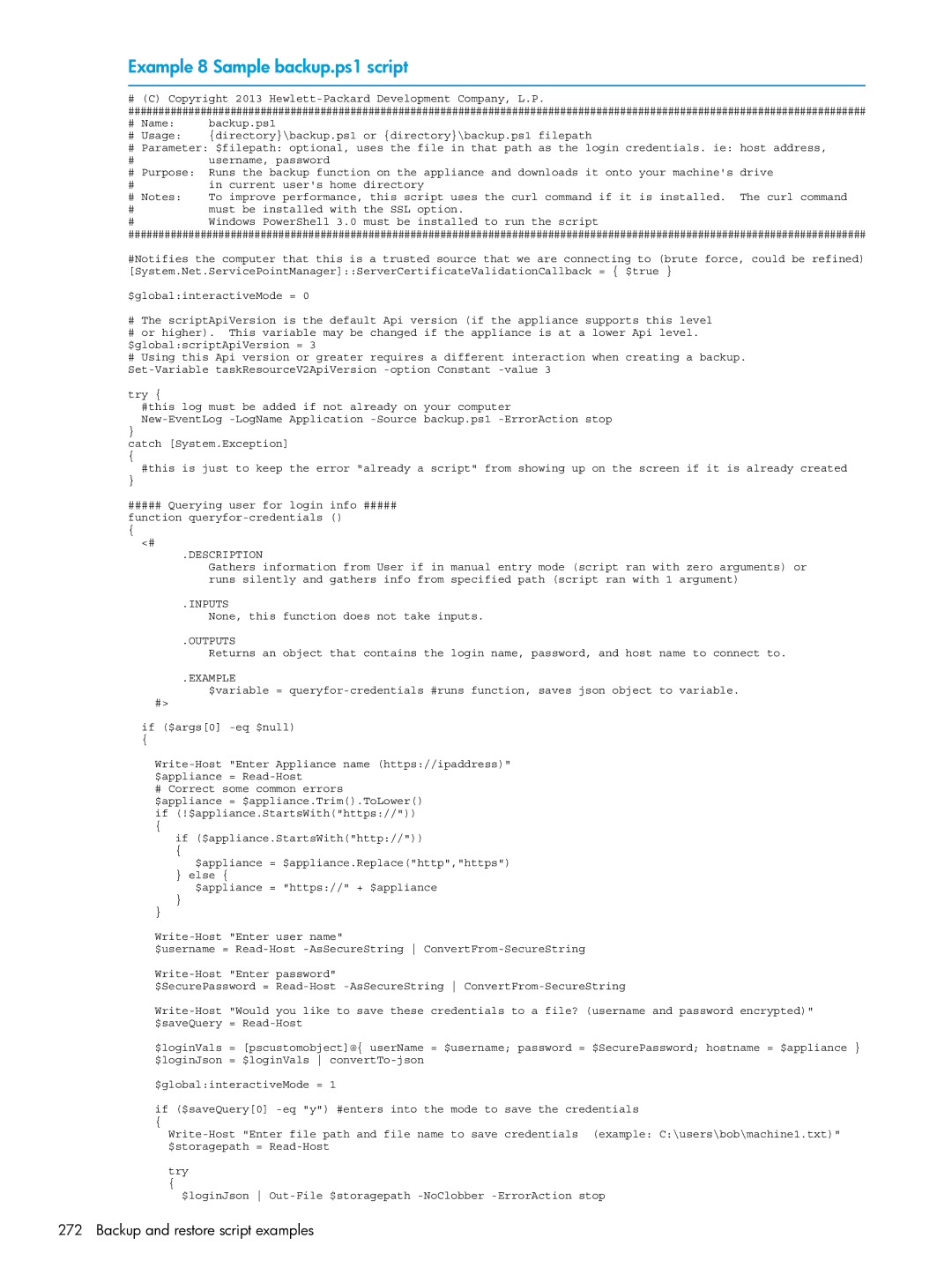 HP OneView manual Example 8 Sample backup.ps1 script, Backup and restore script examples 