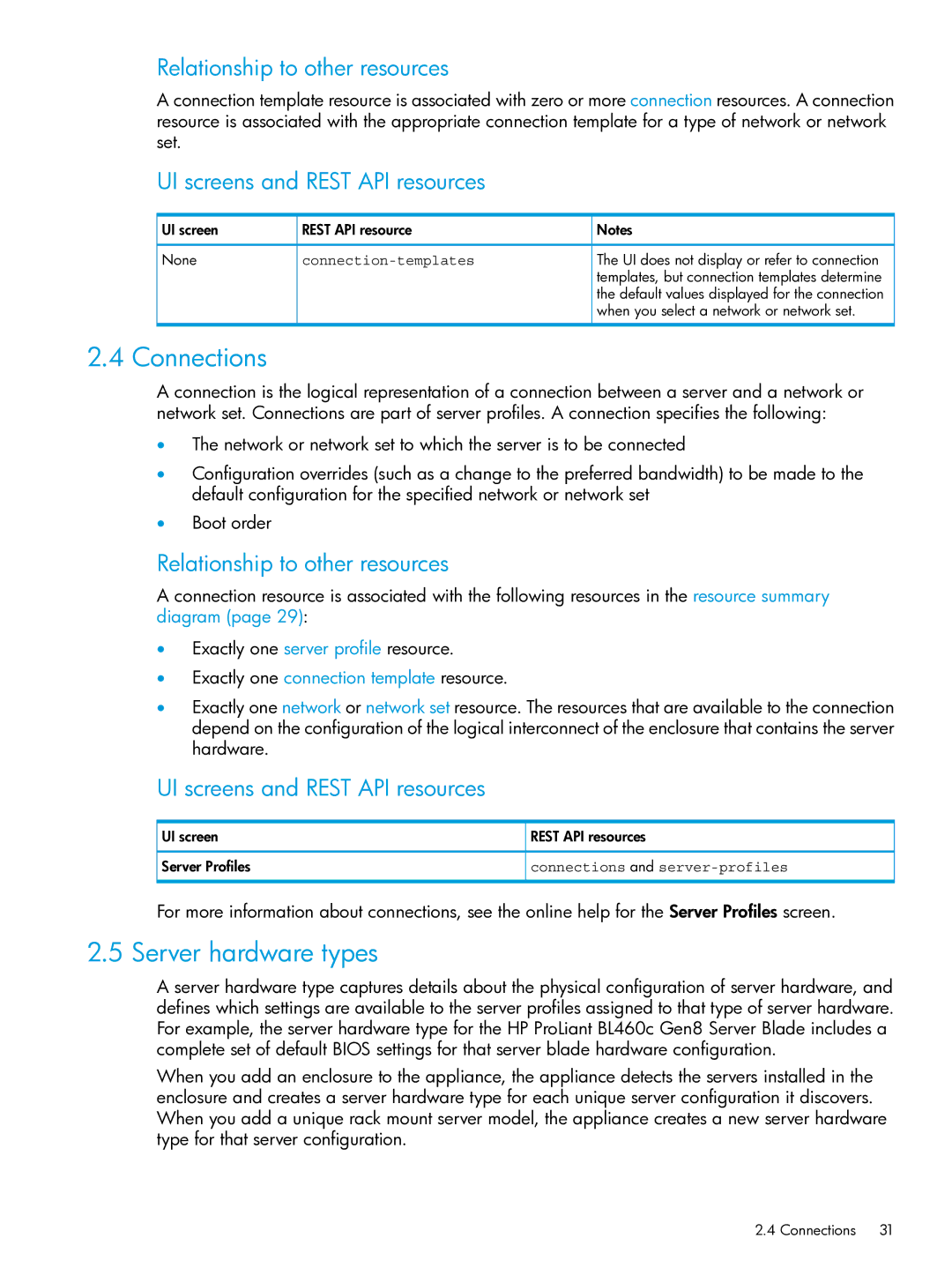 HP OneView manual Server hardware types, Connection-templates, Connections and server-profiles 